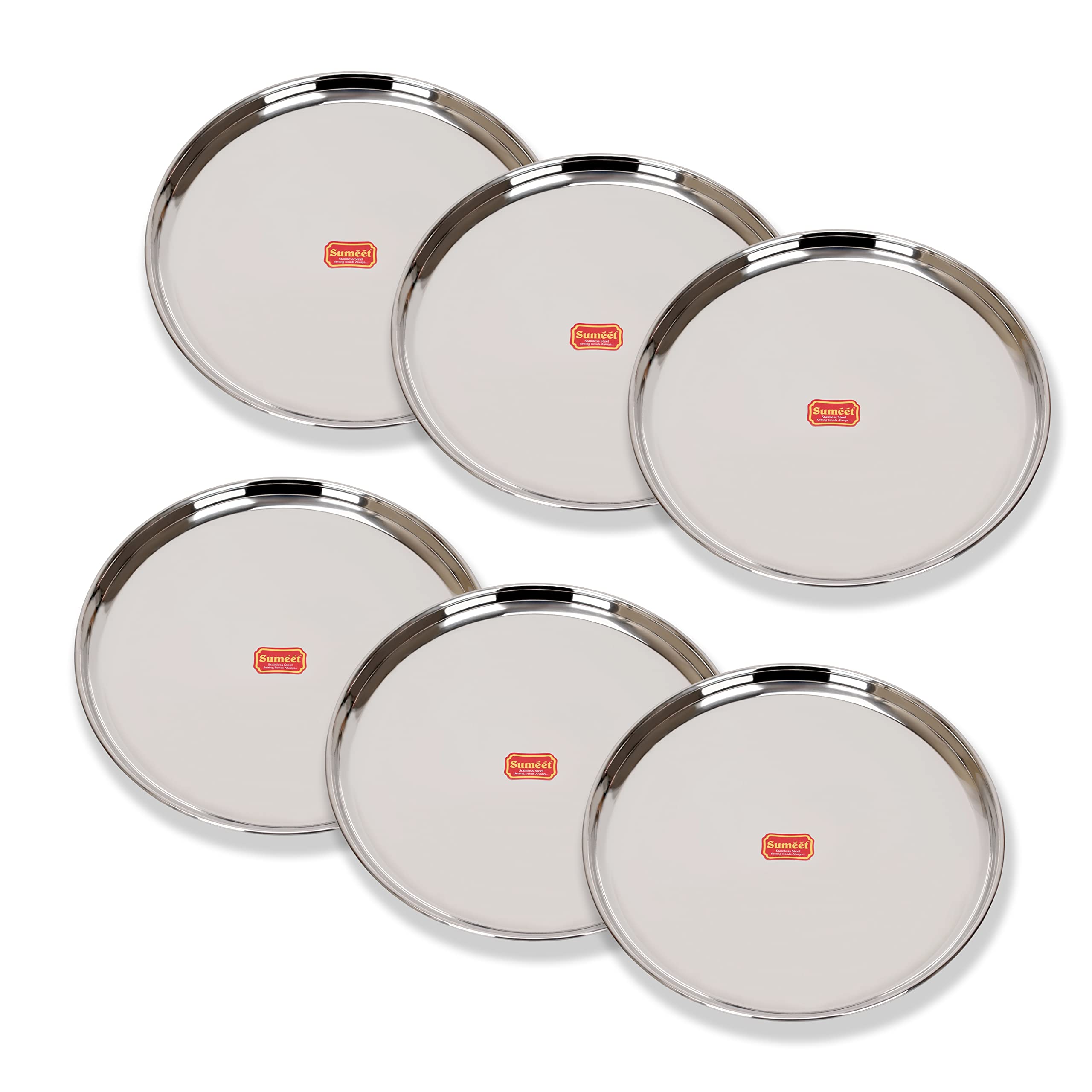 Sumeet StainlessSteel Heavy Gauge Dinner Plates with Mirror Finish32.3cm Dia, Set of 6pc, Silver