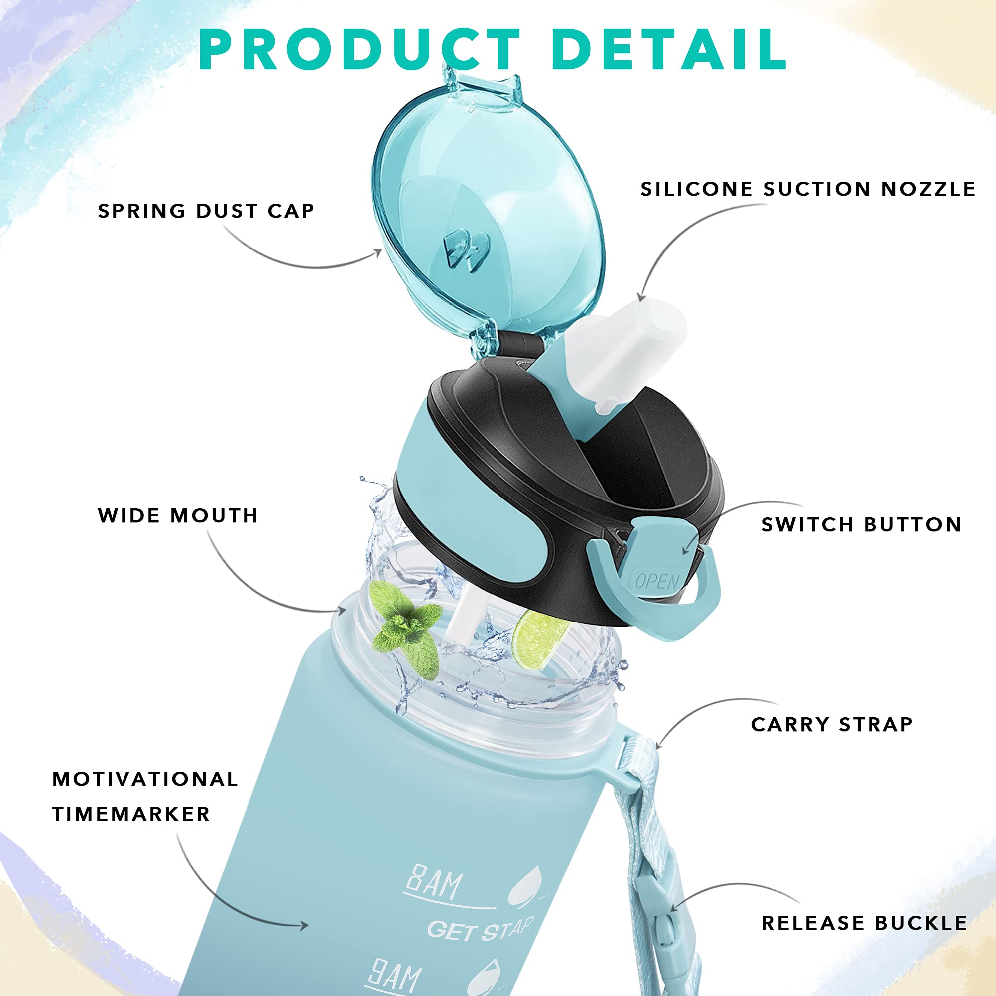 Enerbone 32 oz Water Bottle with Times to Drink and Straw  Motivational Drinking Water Bottles with Carrying Strap  Leakproof BPA & Toxic Free  Ensure You Drink Enough Water for Fitness Gym Outdoor