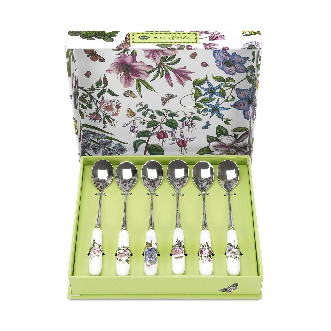 Portmeirion Botanic Garden 6'' Teaspoons - Set Of 6 | Assorted Floral Motifs | Stainless Steel And Fine Porcelain | Ideal For Mo