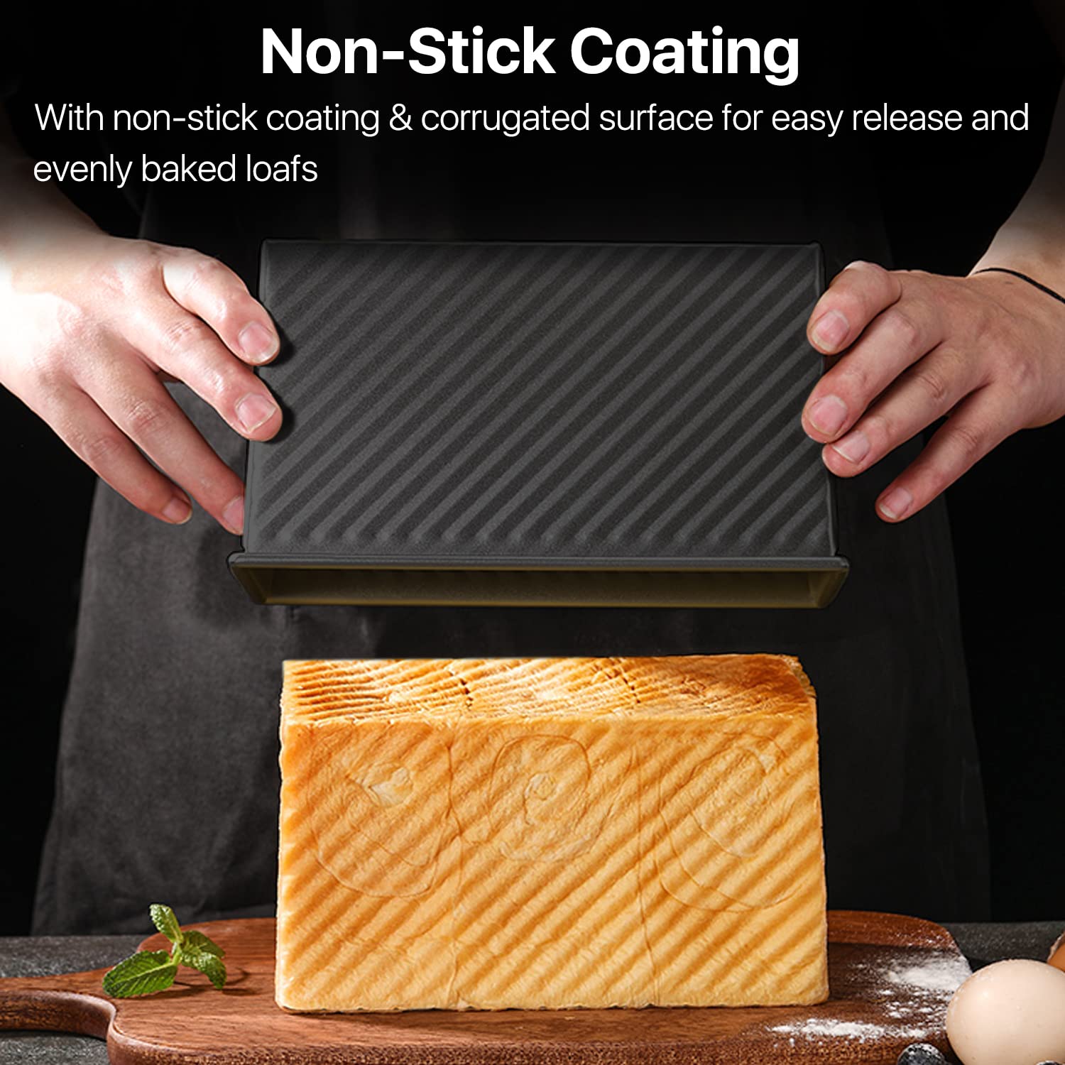 Flexzion Pullman Loaf Pan With Lid Bread Loaf Pan For Homemade Bread 1Lb Dough Capacity Black Corrugated Square Bread Mold, Cake