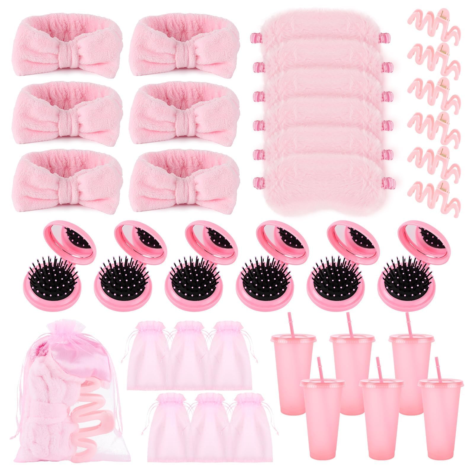 36 Pcs Spa Sleepover Party Supplies for Girls Makeup Party Favor with 6 Headband 6 Eye Masks 6 Pink Plastic Cups 6 Mirror 6 Hair