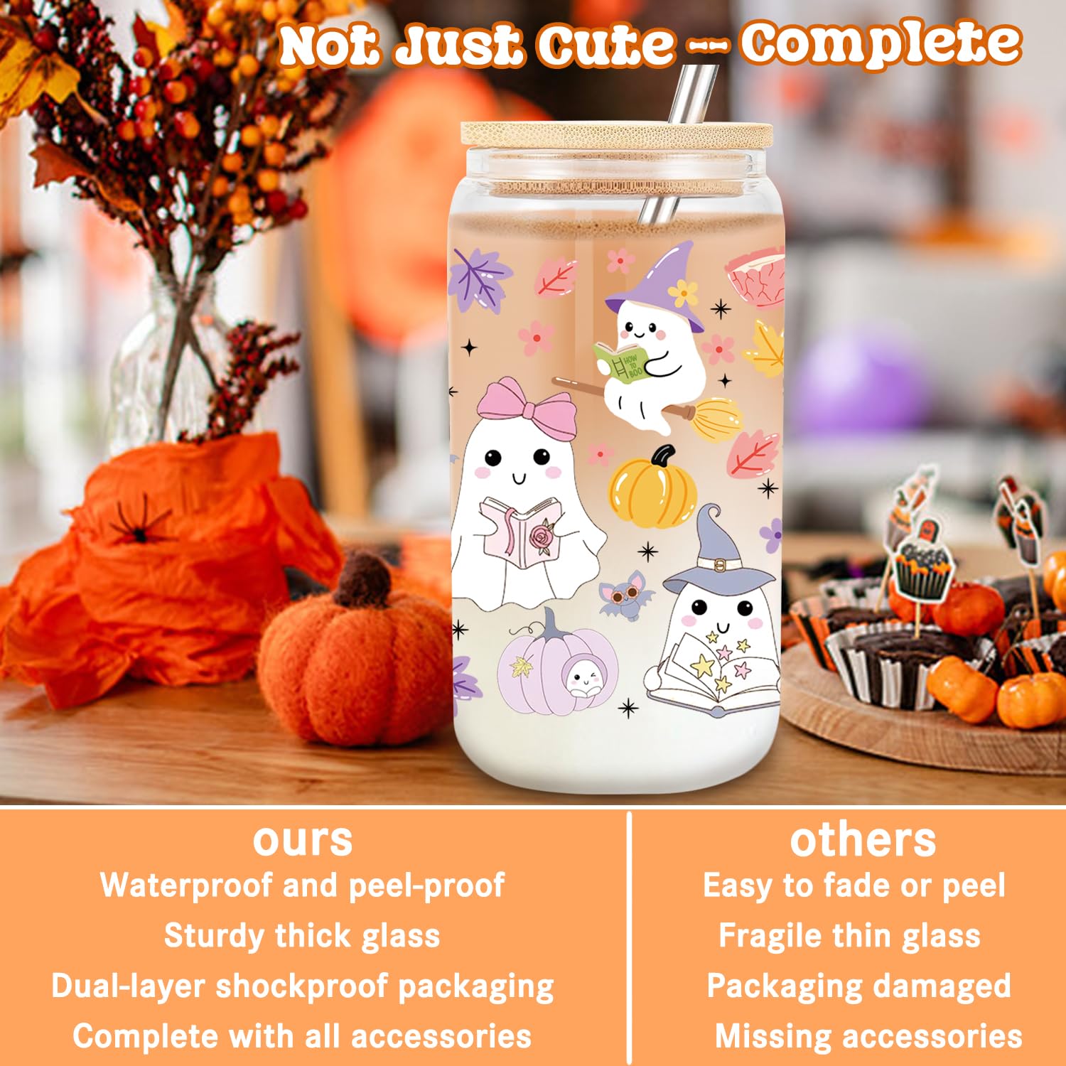 JYPLKCMT Ghost Reader Halloween Cup, Cute Halloween Mug Gifts Basket for Book Lovers, 16 oz Iced Coffee Tumbler with Lid and Str