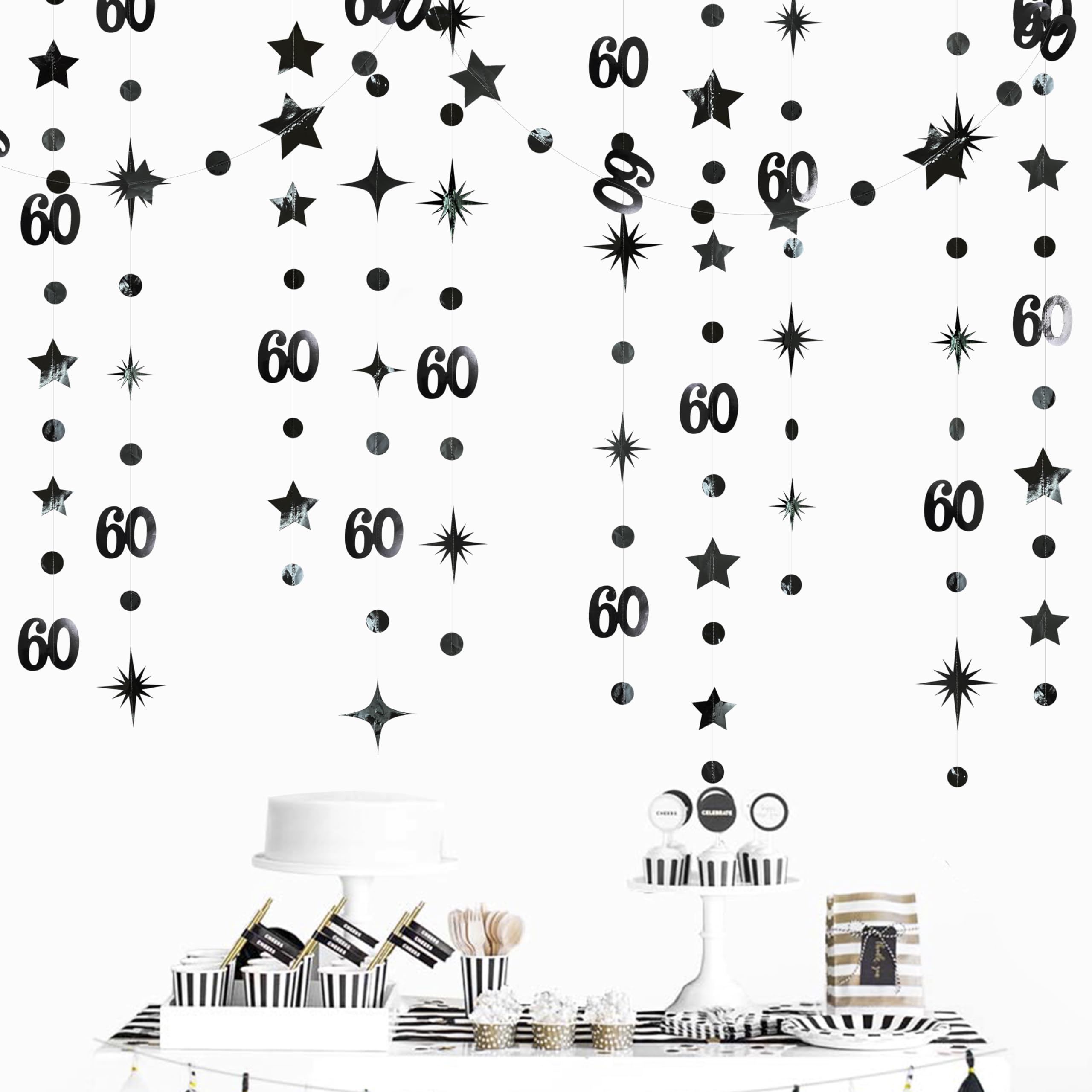 Black 60Th Birthday Decorations Number 60 Circle Dot Star Garland Hanging Streamer Bunting Banner Backdrop For Mens Cheers To 60