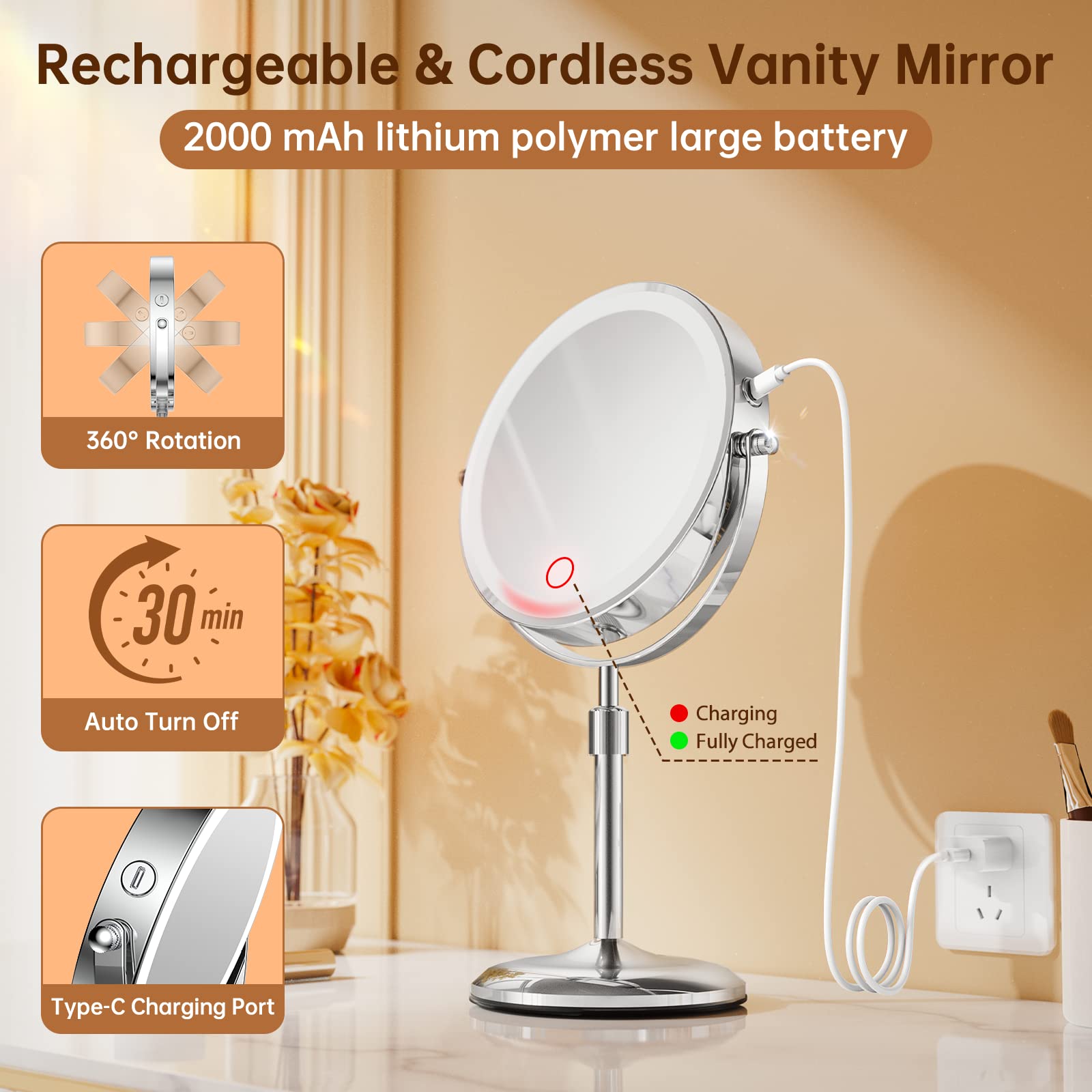 Gospire Lighted Makeup Mirror With Magnification 10X, Height Adjustable & 3 Color Dimmable Lights 7'' Cosmetic Mirror, 360 Swive