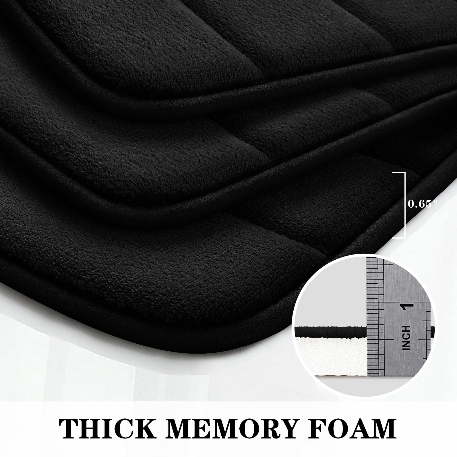BYSURE Black Memory Foam Rug Set 3 Piece Non Slip Extra Absorbent Shaggy Soft & Dry Bath Mat Sets for Bathroom Washable Carpets Set