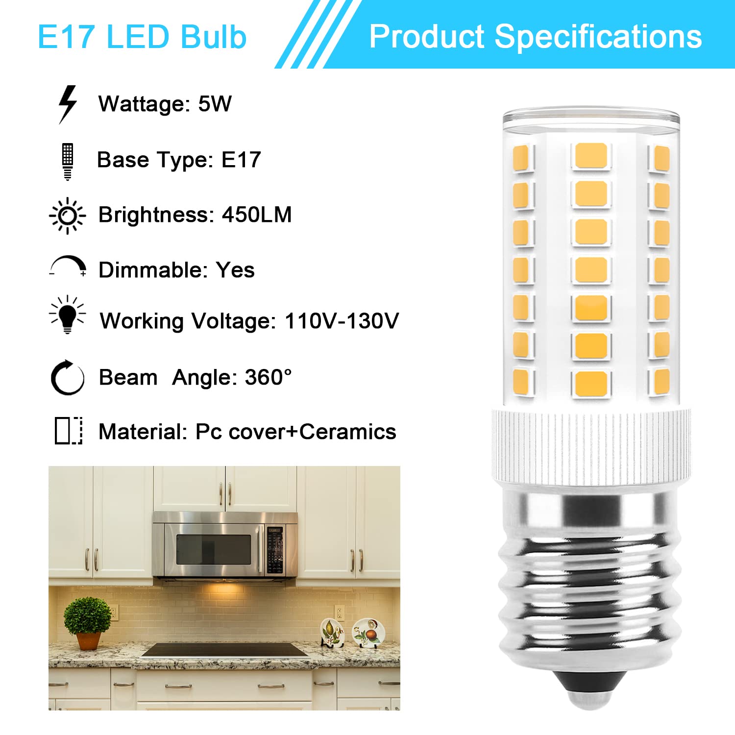 E17 Led Bulbs Dimmable 5W Microwave Over Stove Bulb 125V 40W Incandescent Equivalent, Warm White 3000K, Fit For Whirlpool Maytag