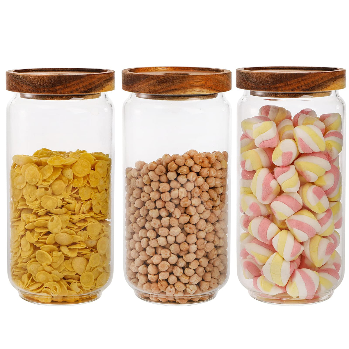 Bekith 3 Pack Glass Storage Containers With Airtight Seal Acacia Wood Lids, 31.6 Fl Oz (950Ml) Clear Glass Food Storage Jars For