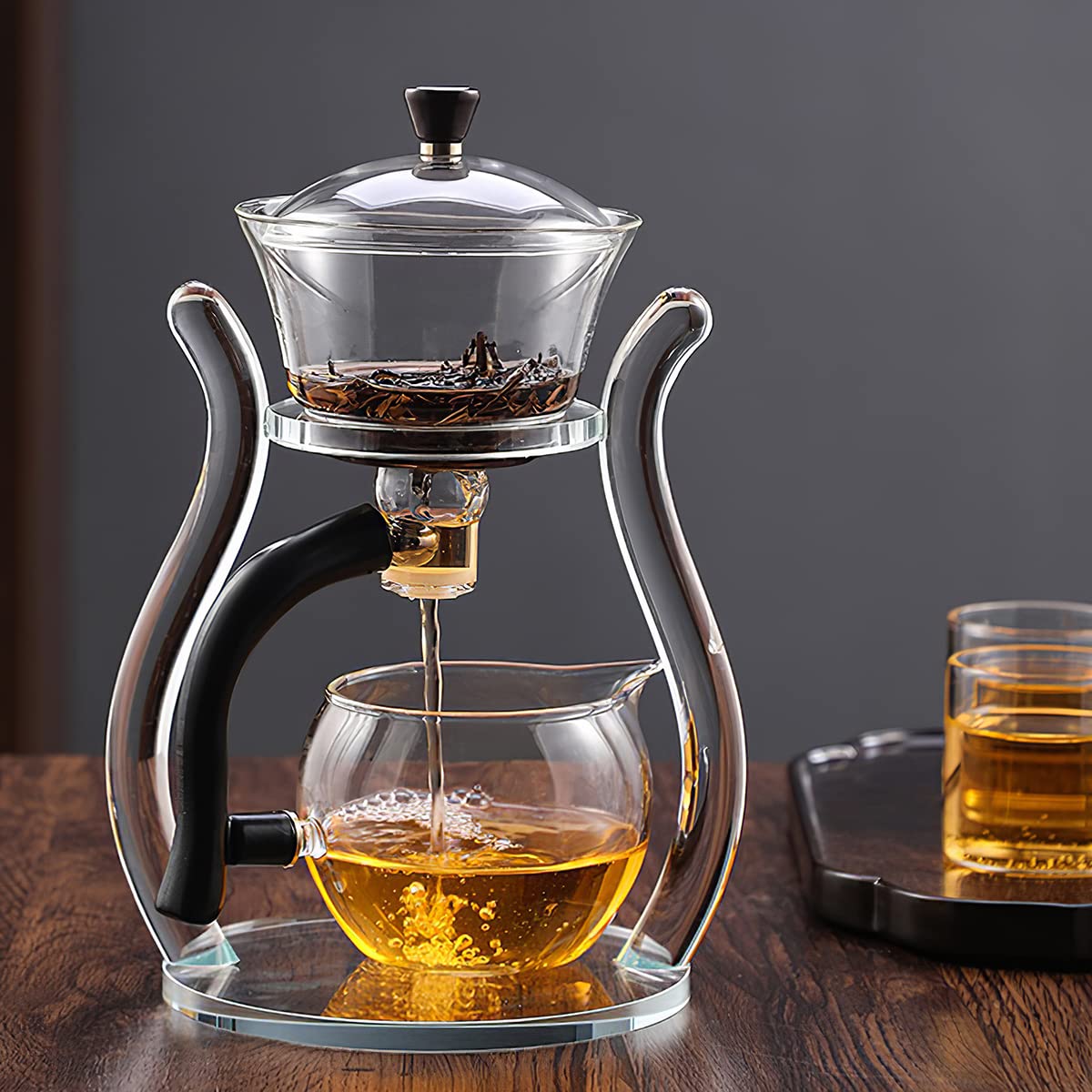 Cunhuy Lazy Kungfu Drip Teapot, Heat Resistant Tea Set, Semi-Automatic Glass Teapot Suit For Magnetic Water Flow Wooden Glass Te