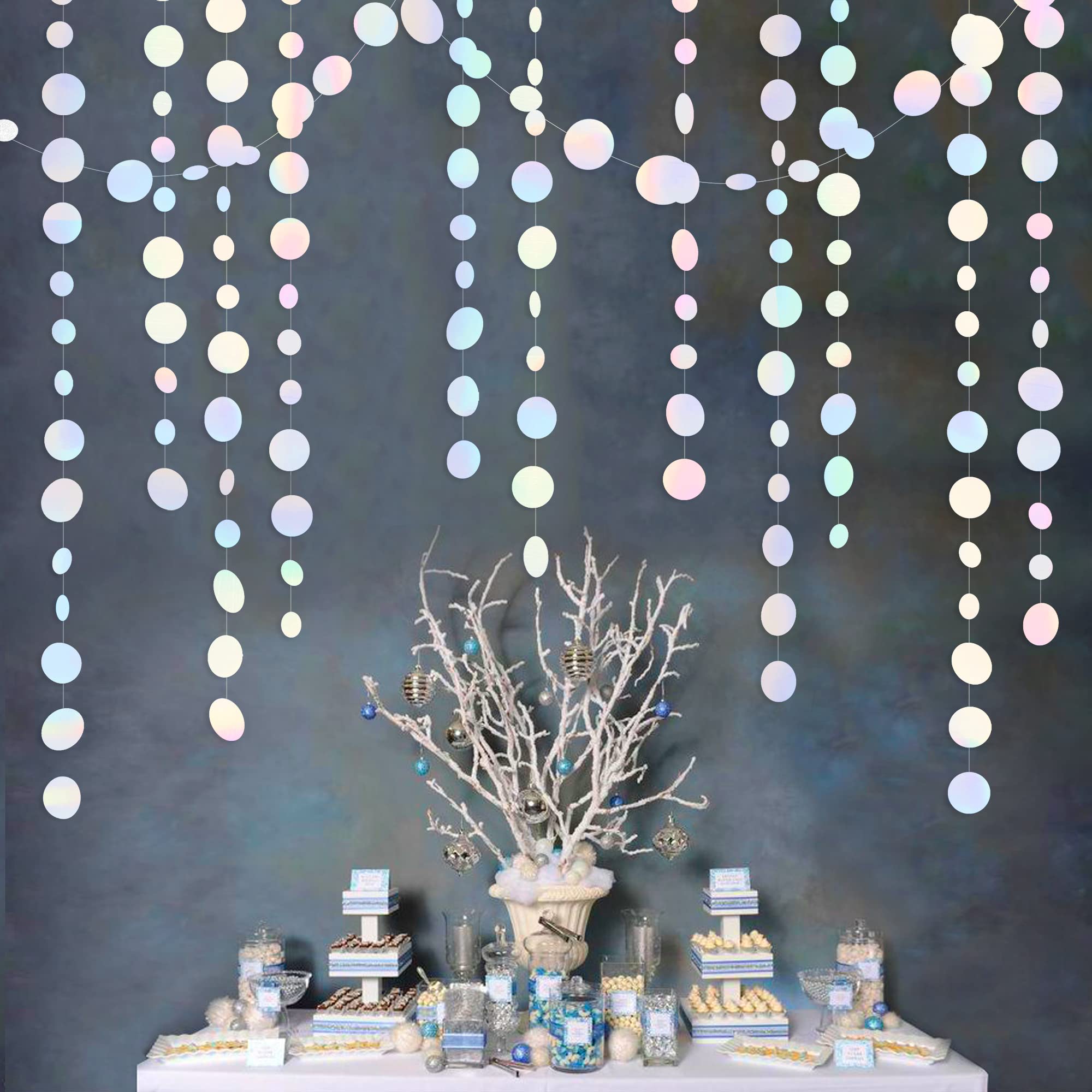 46 Ft White Iridescent Circle Dots Garland Hanging Holographic Polka Dots Streamer For Birthday Bachelorette Engagement Wedding
