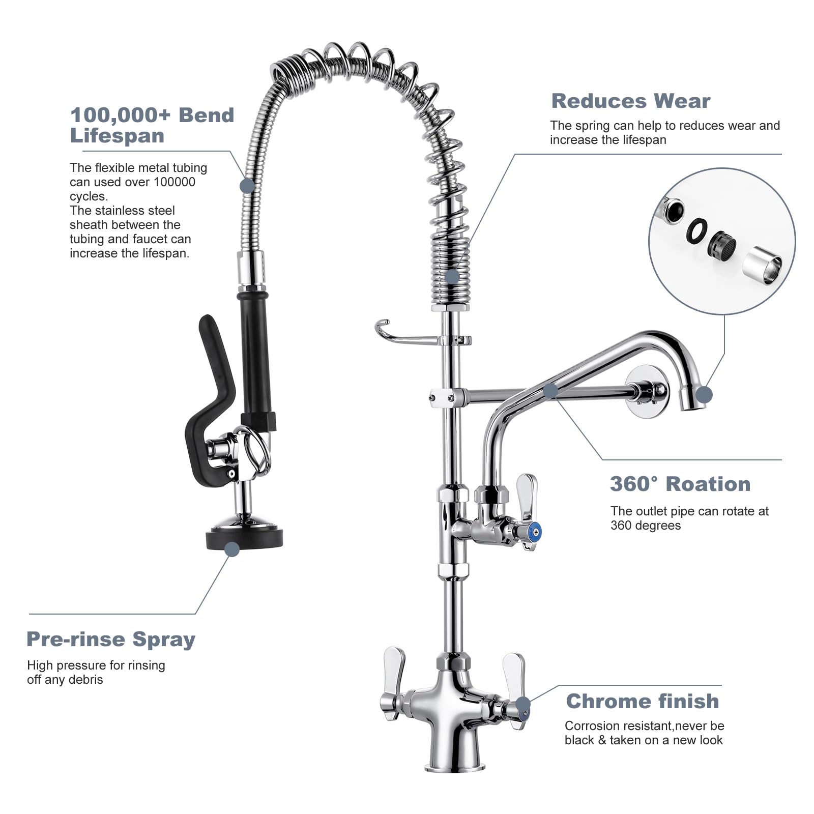 Iviga Single Hole 27'' Height Commercial Kitchen Faucet Deck Mount With Pre-Rinse Sprayer, Commercial Sink Faucet With 10'' Add-