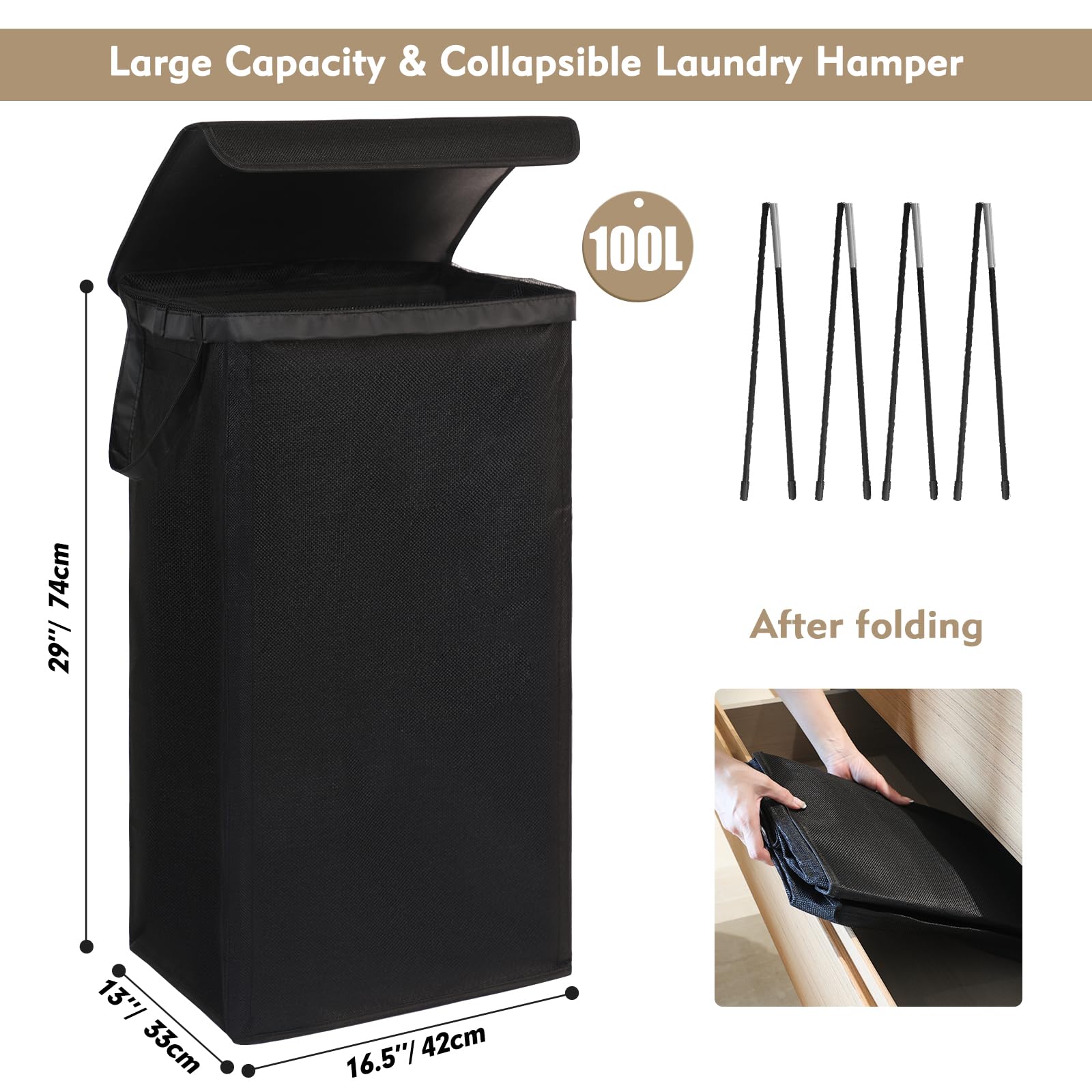 Dokehom 100L Laundry Basket With Lid And Removable Laundry Bags, Large Collapsible Laundry Hamper For Bedroom, Bathroom, Laundry