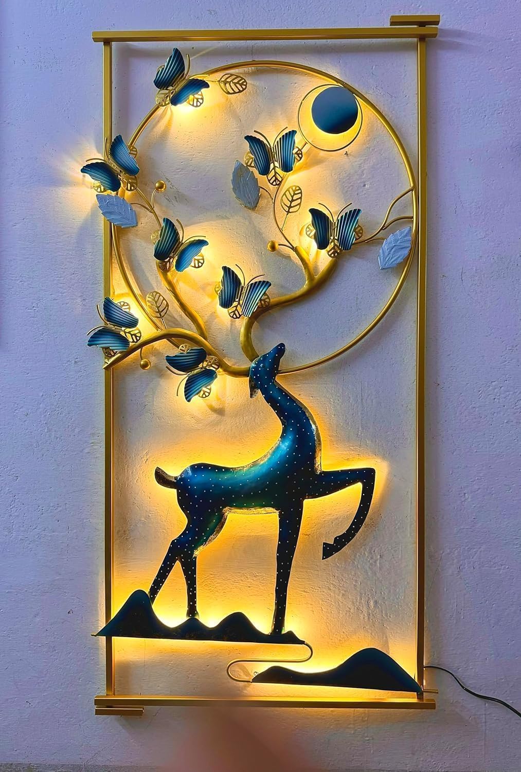 MANMOHINI CREATIONS Deer And Butterfly With LED Metal Frame Wall Dcor Entrance/Wall Hanging For Living Room, Bedroom, Home Offic