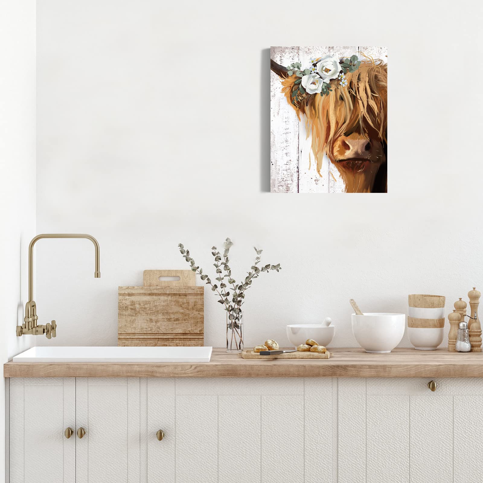 Highland Cow Canvas Wall Art: Cow With White Flower Picture Farmhouse Cow Decor Framed Poster For Bedroom Living Room Home Offic