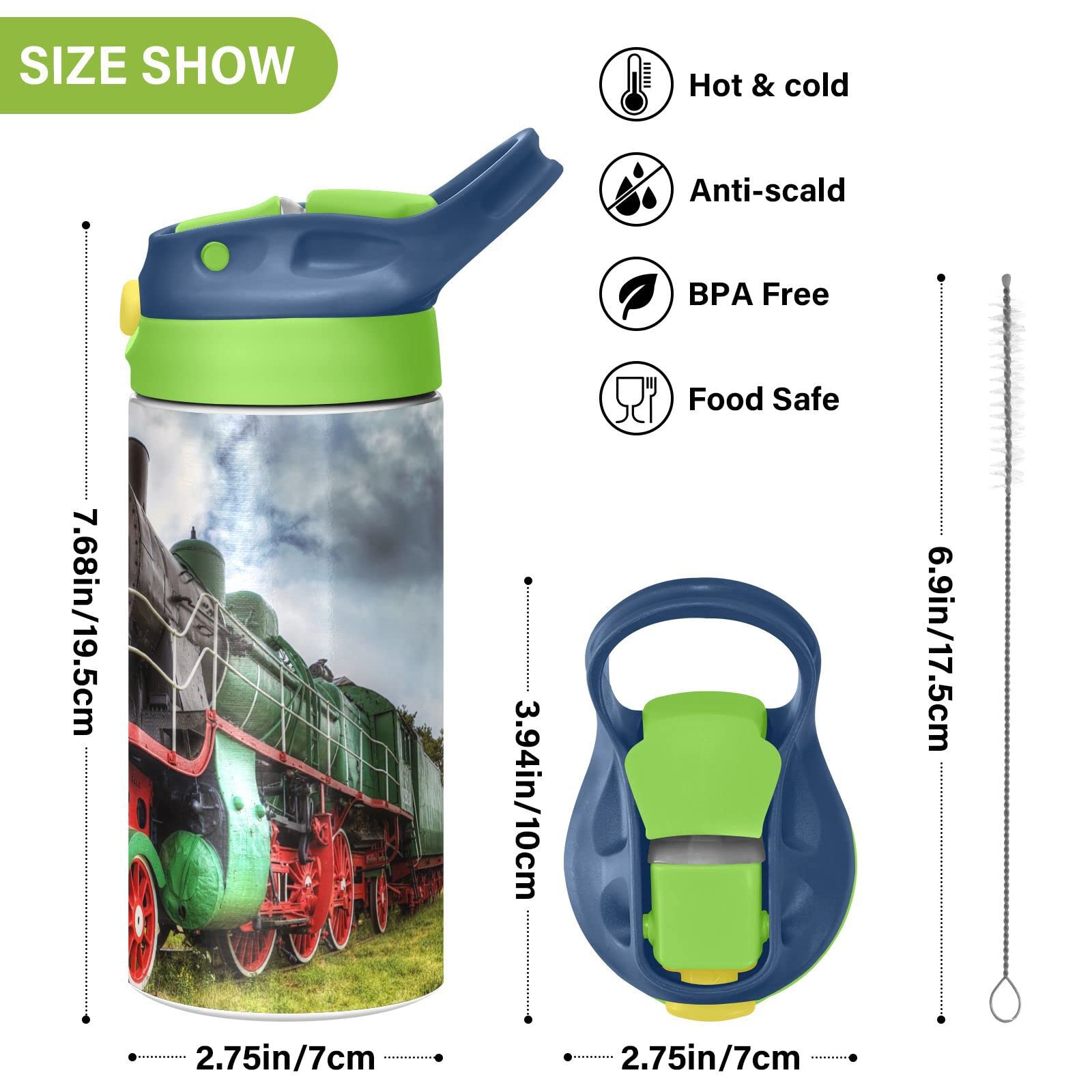 Boccsty Locomotive Train Kids Water Bottle With Straw Lid Insulated Stainless Steel Reusable Tumbler For Boys Girls Toddlers 12