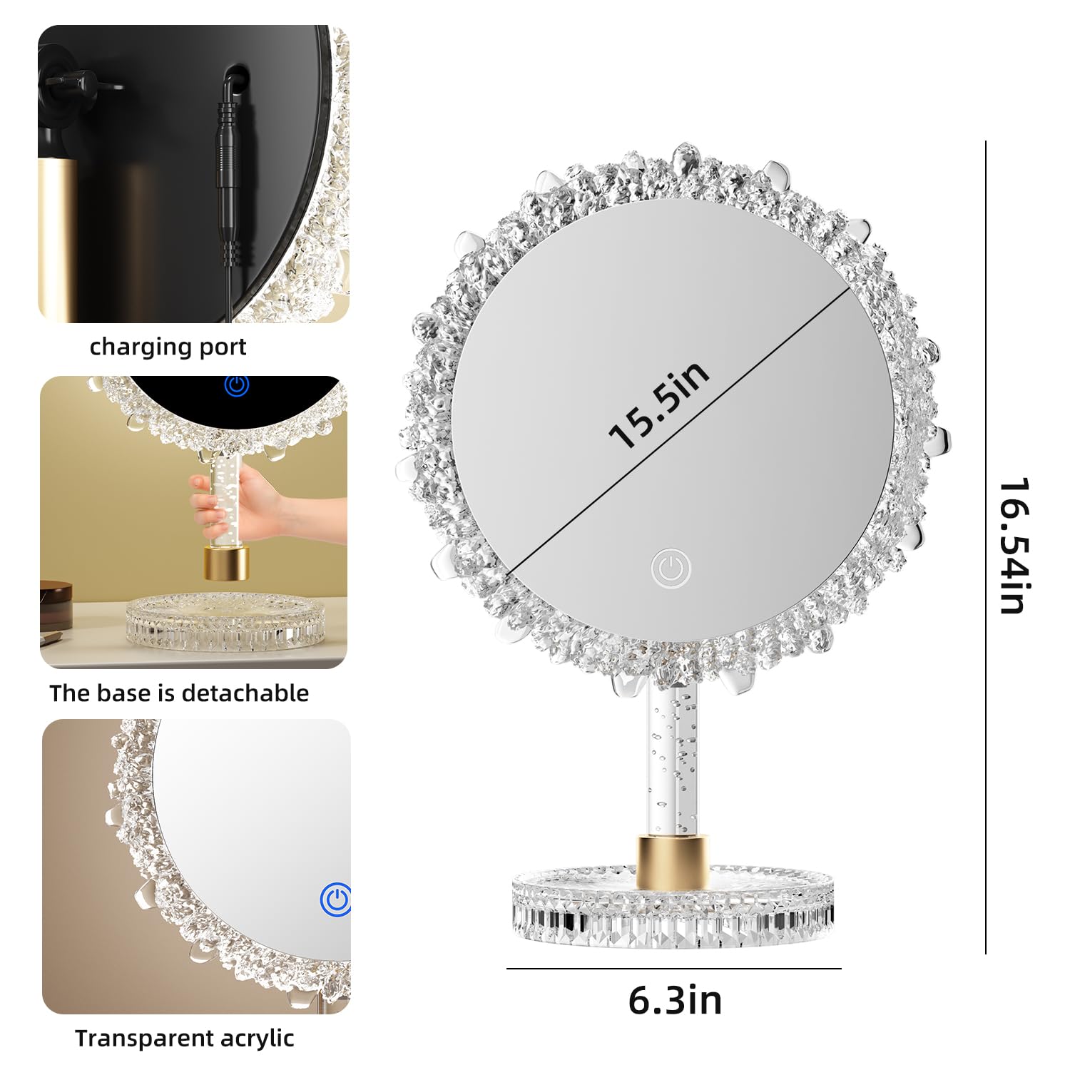 OPYNU Makeup Mirror with Lights,18x12Large LED Lighted Makeup Mirror with Crystal Frame,3-Color Lighting Mode,Intelligent Touch