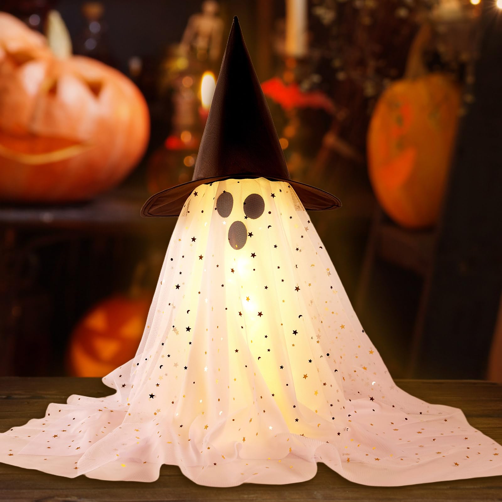 2Pcs Halloween Ghosts Decorations Indoor - Light Up Ghost Crafts with Sequined Netting, Cute Halloween Party Decorations, Spooky