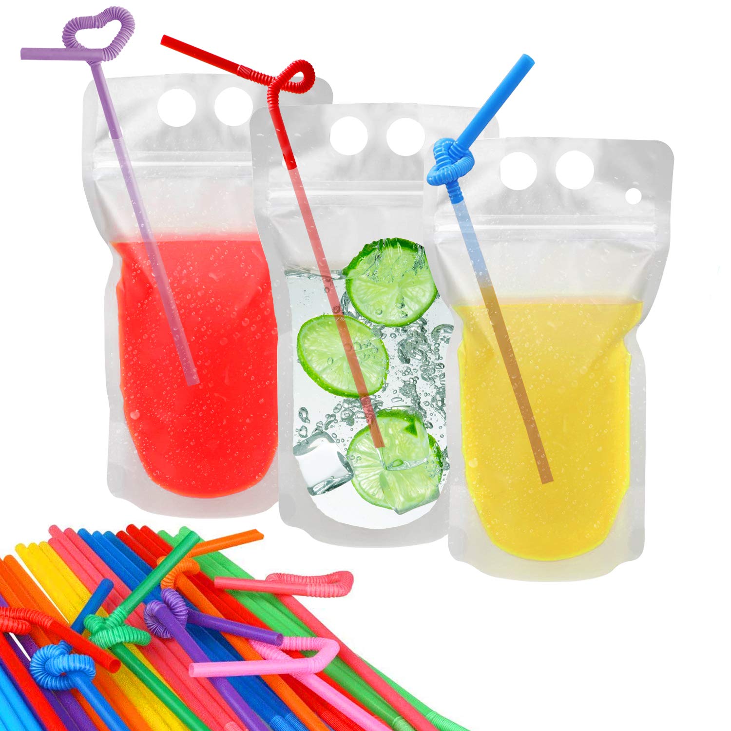100 Pcs Drink Pouches with 100 Straw Holes, Freezable Juice Pouches, Translucent Reclosable Zipper Plastic Pouche Drink Bags for