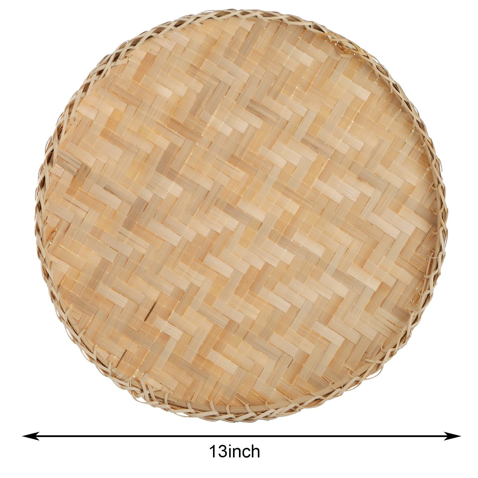 Suwimut 3 Pieces Handmade Bamboo Woven Basket Tray  13 Inch Flat Wicker Round Fruit Basket Woven Food Storage Shallow Tray Decorative Serving Tray Wall Hanging Baskets for Breakfast  Snacks (Beige)