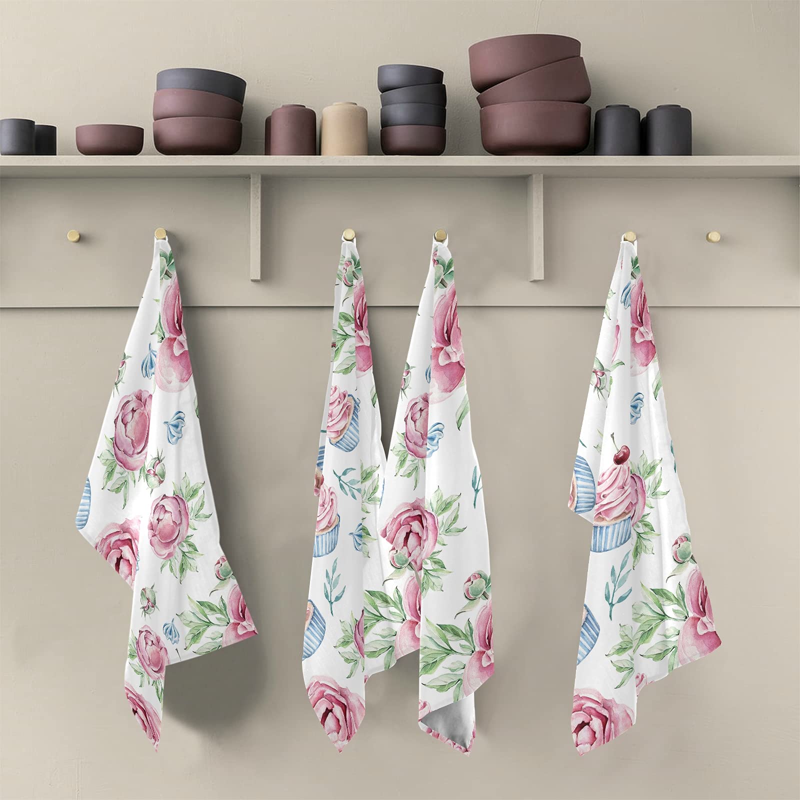 Cupcakes Floral Kitchen Towels Flowers Cakes Leaves Dishcloths Set 1 Pack Hand Dish Towel Tea Bar Towels 18 X 28 In Cleaning Clo