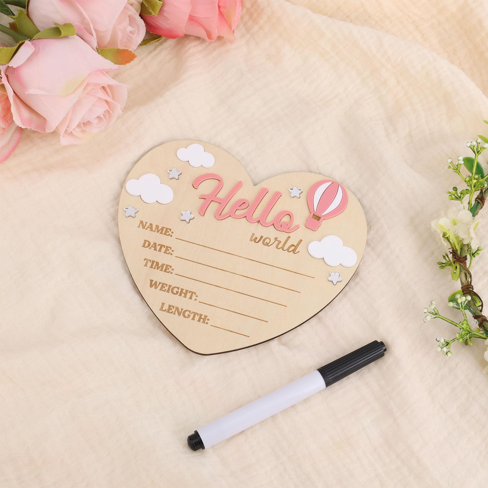 Hello World Newborn Sign, Heart Shape Basswood Newborn Birth Name Sign Welcome New Baby Announcement Board for Nursery Home Deco