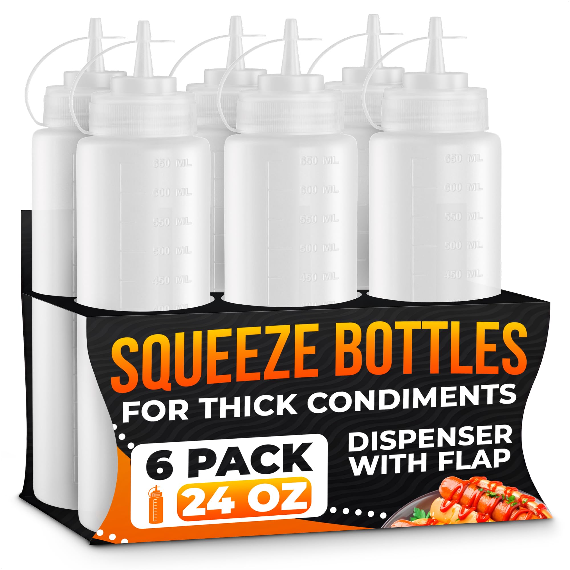6-Pack Plastic Condiment Squeeze Bottles 24oz - Refillable Squirt Bottles with Narrow Tip, Leak-Resistant | Great for Oil, Sauce