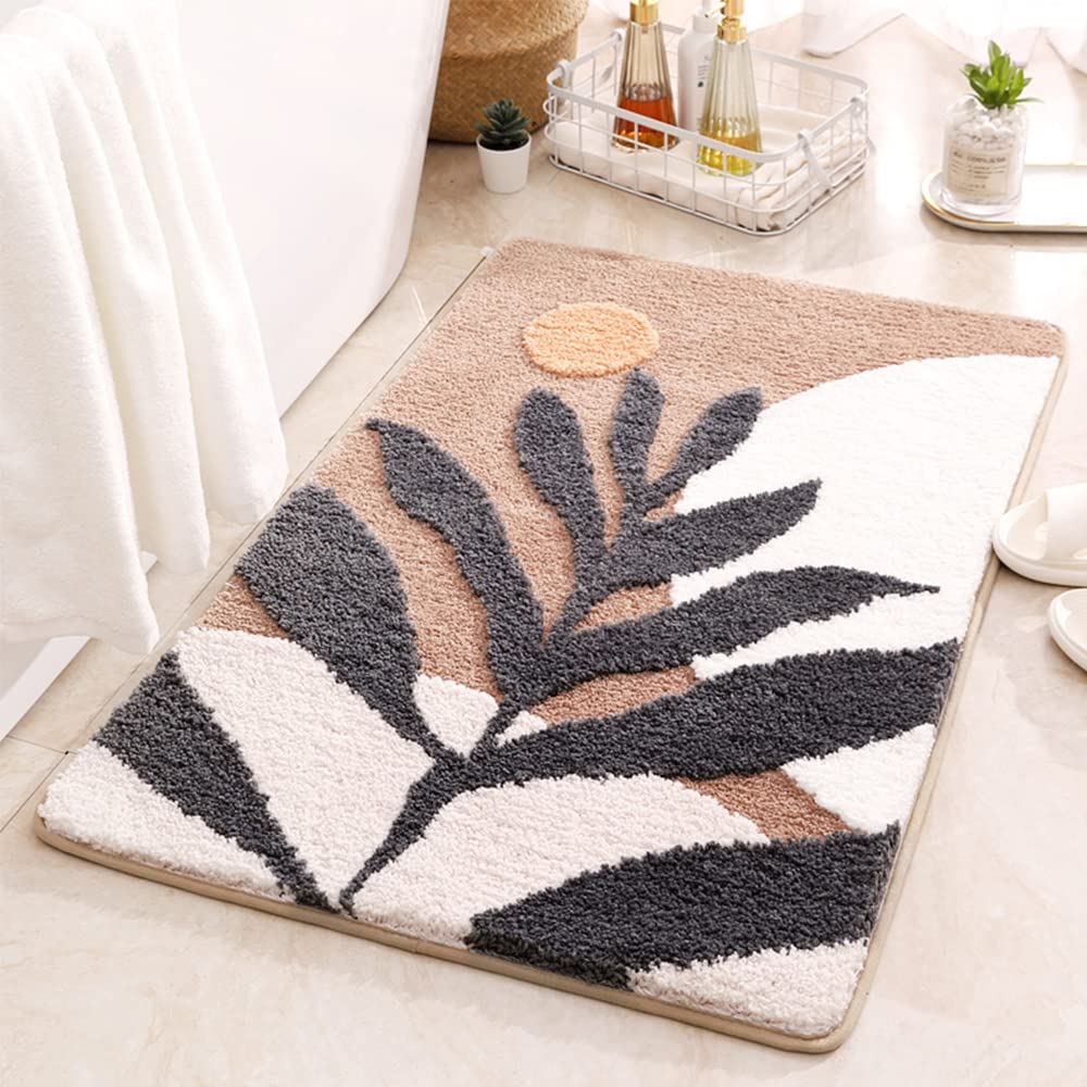 Hi Space Bath Mat Boho Bathroom Rug Non-Slip 30X20 Cute Leaf Bathroom Mat Soft Fiber Bath Rugs Absorbent Minimalistic Rugs Tropical Bath Mat for Tub Shower Machine Washable Bath Carpet Floor Doormat