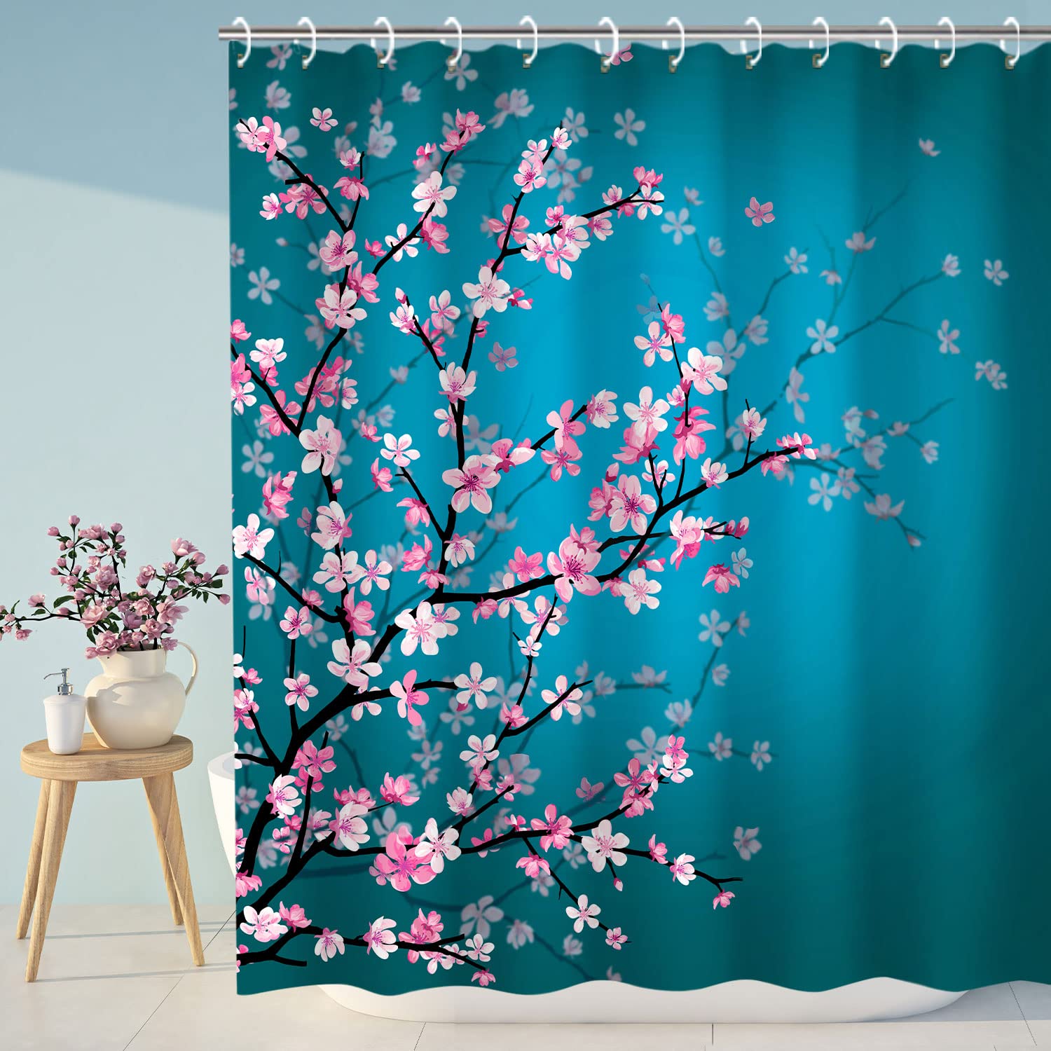 Livilan Cherry Blossom Shower Curtain Japanese Shower Curtain Floral Sakura Plum Blossom Flower Shower Curtains With 12 Hooks Te