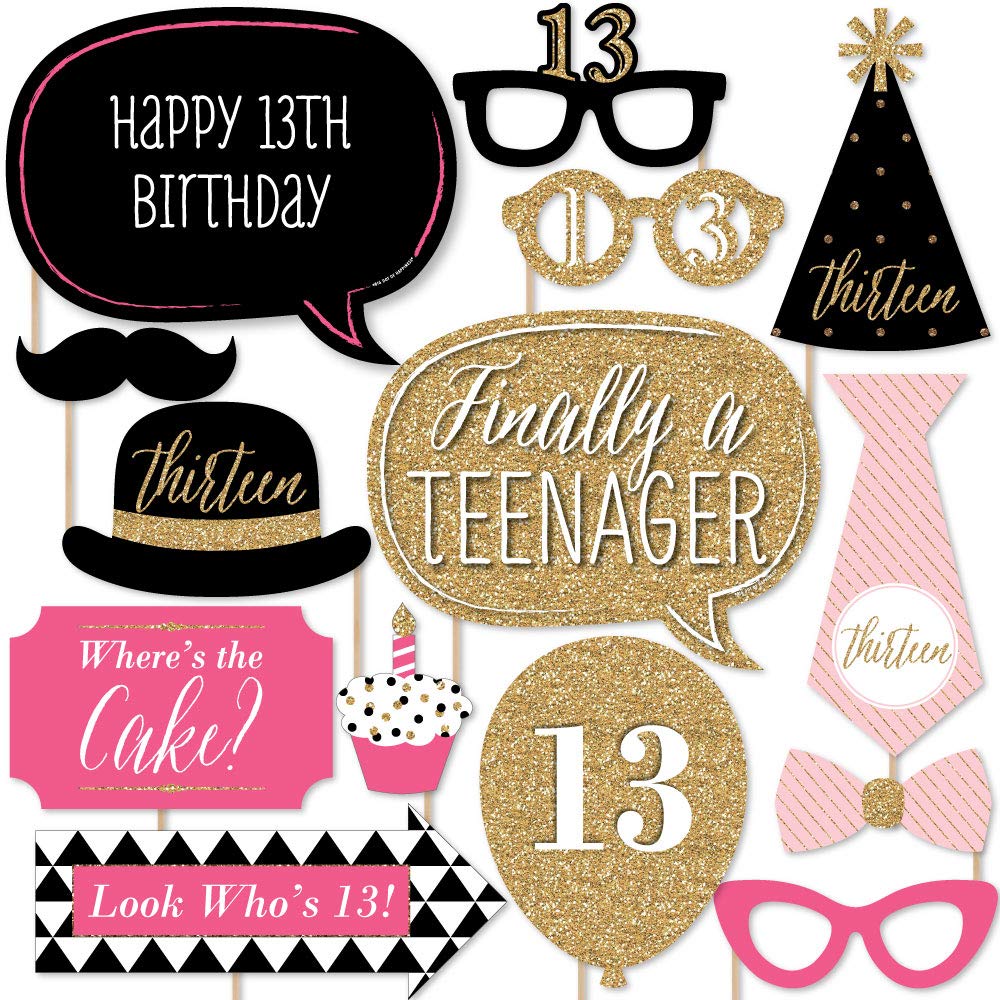 Big Dot Of Happiness Chic 13Th Birthday - Pink, Black And Gold - Photo Booth Props Kit - 20 Count
