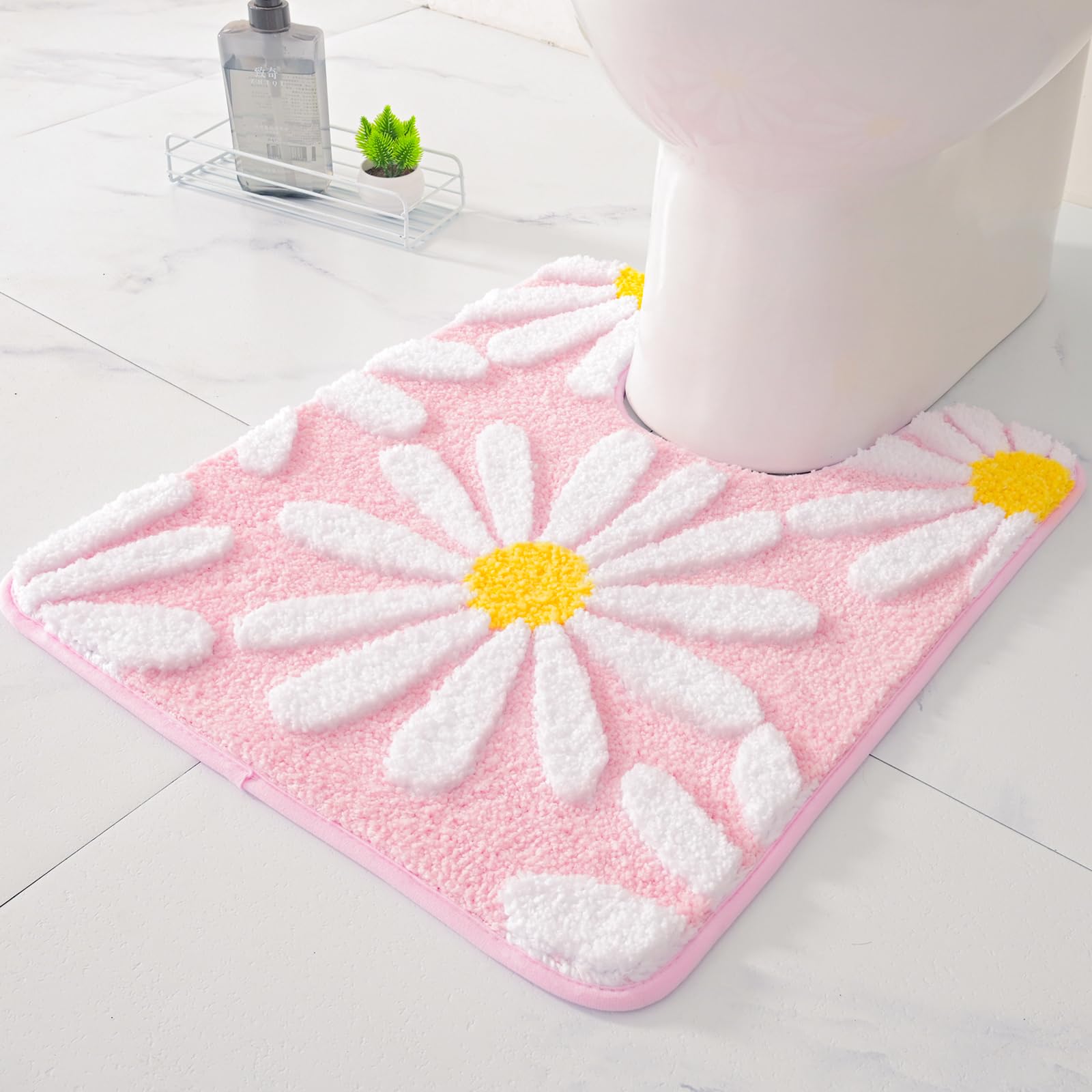 Qjhomo Toilet Rugs U Shaped, Pink Toilet Mat Cute Daisy Contour Bath Rug, Thick Soft Machine Washable Toilet Carpet, Non Slip Ba