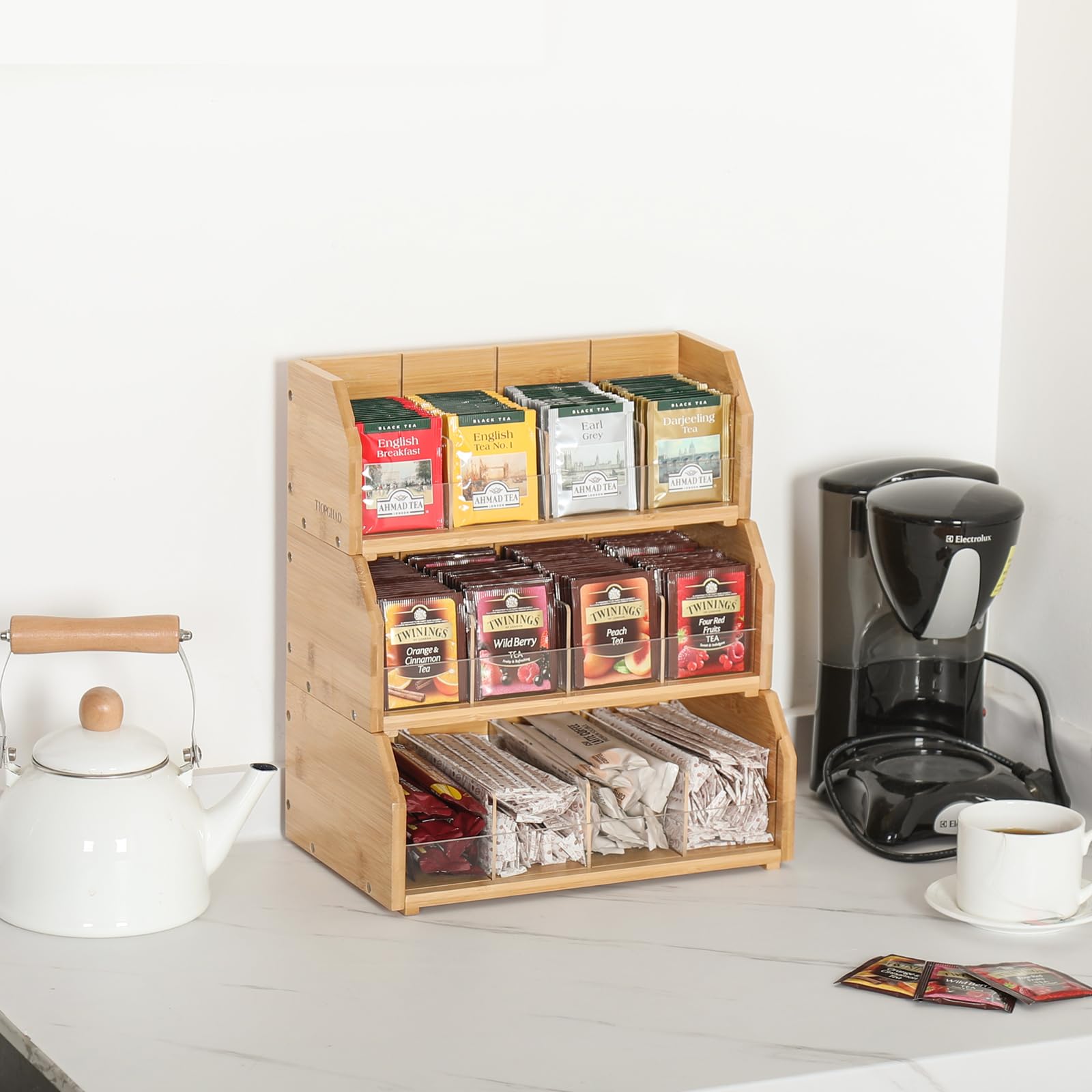 Tiopghad 3 Layer Stackable Bamboo Tea Bag Organizer Storage Holder For Tea Bags Wood Tea Box Containers Tea Rack Teabag Station
