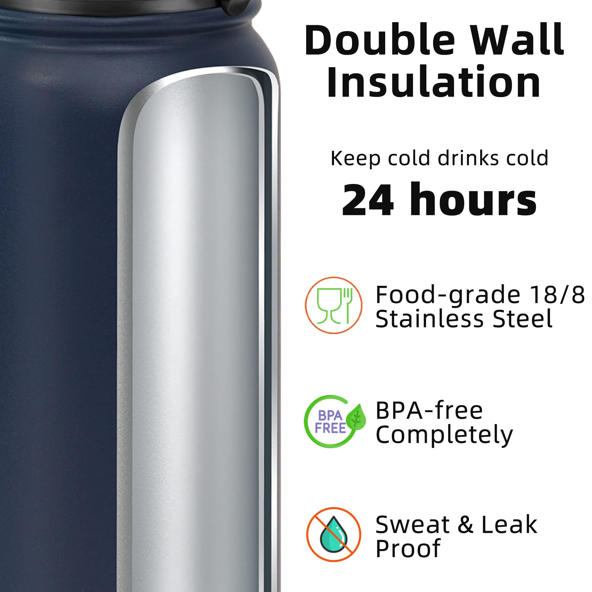 Fanhaw 20 Oz Insulated Stainless Steel Water Bottle With Chug Lid - Leak & Sweat Proof With Anti-Dust Lid (Navy Blue)