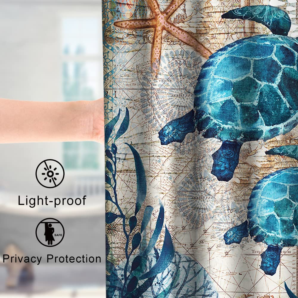 Final Friday Nautical Green Sea Turtles Beach Theme Fabric Shower Curtain Sets Bathroom Blue Ocean Decor with Grommets and Hooks - 72 x 72 Inch Teal