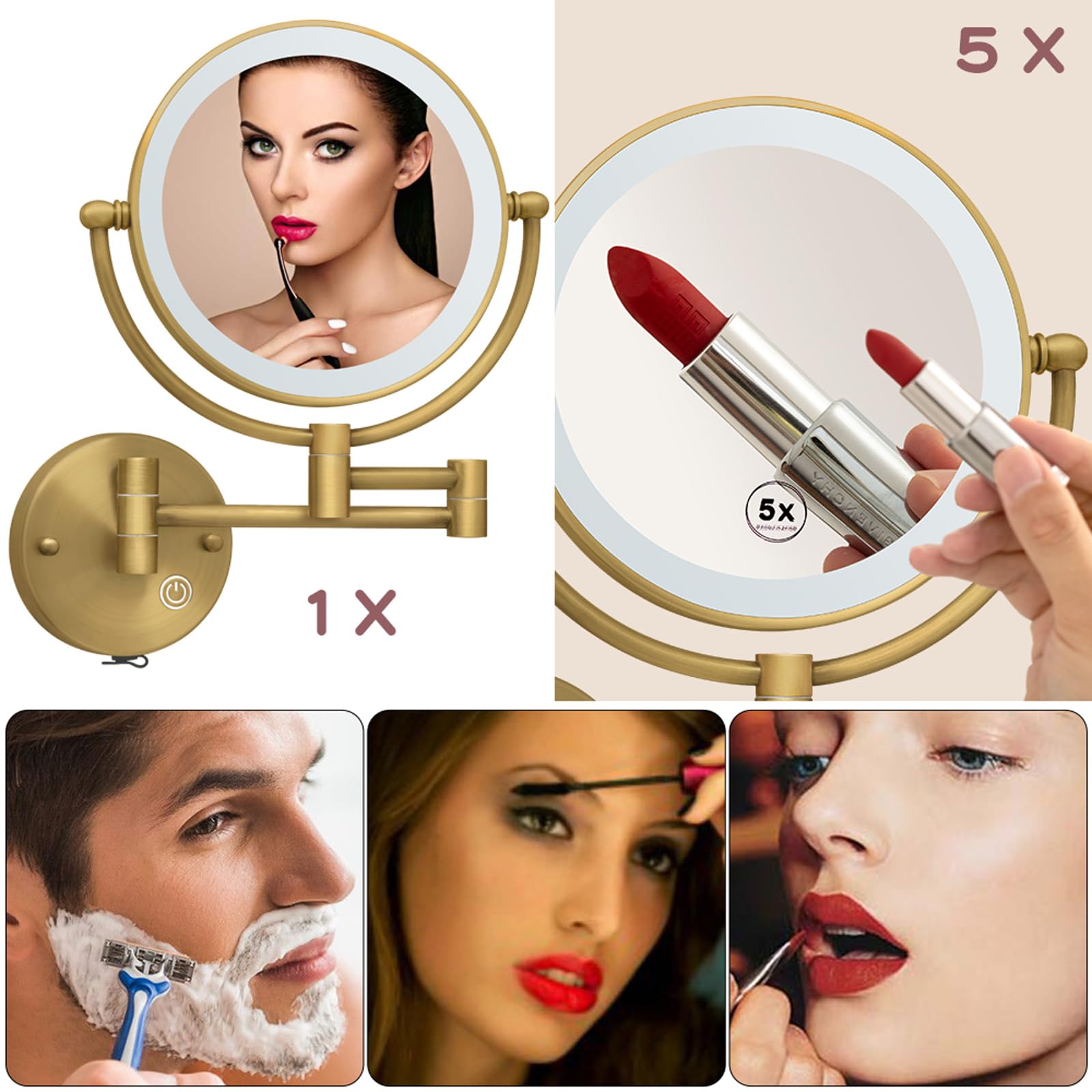 Reckodor Brass Wall Mounted Makeup Mirror With Lights And Magnification, Rechargeable Lighted Magnifying Mirror Wall Mount With