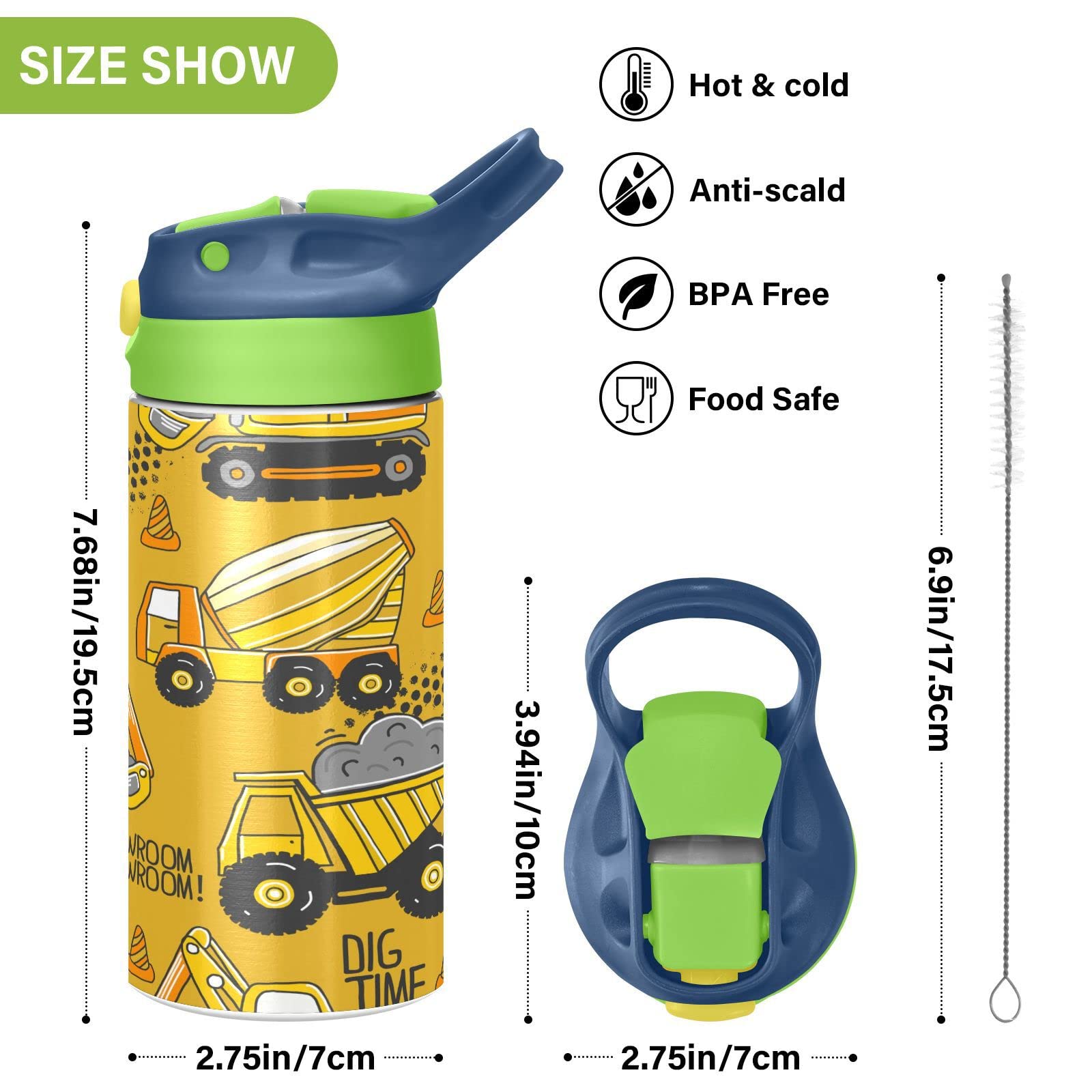 Boccsty Tractor Yellow Truck Kids Water Bottle With Straw Lid Construction Machines Insulated Stainless Steel Reusable Tumbler F