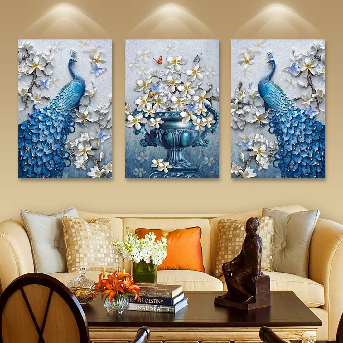 Rangoli 3D Print Peacock Mdf Framed Painting For Home Decoration (3D Unique, 12 Inch X 18 Inch,Each Frame Size Set Of 3)