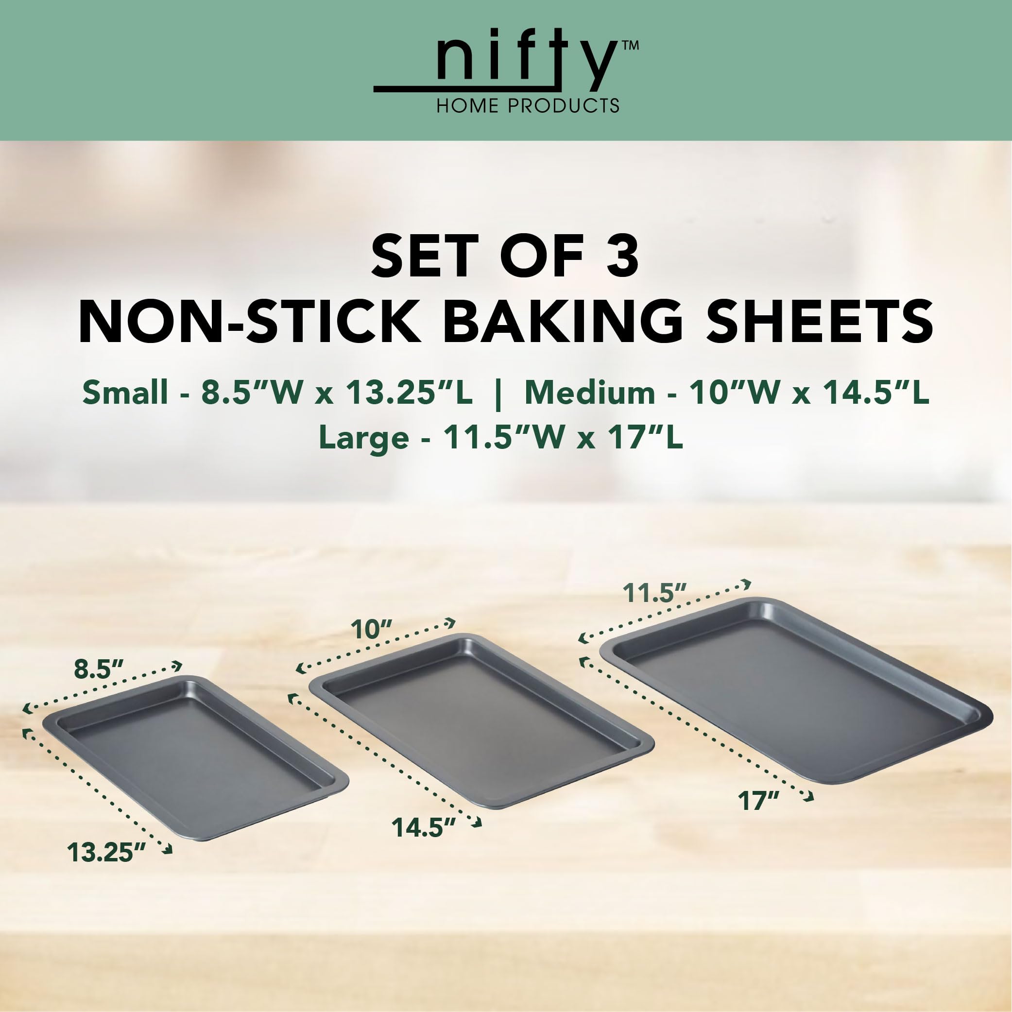 Nifty Cookie & Baking Sheets (Set Of 3) - Non-Stick Coated Steel, Dishwasher Safe, Oven Safe Up To 450 Degrees, Includes Large/M