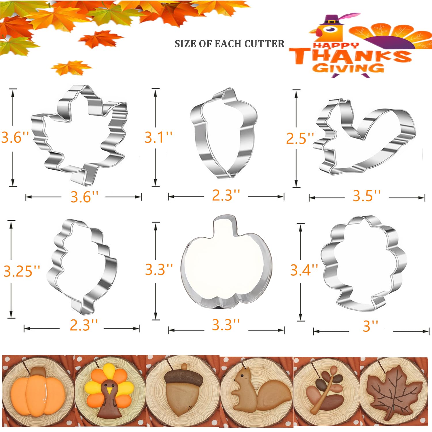 6 Pieces Thanksgiving Cookie Cutters, Fall Themed Holiday Cookie Cutter Shapes Of Pumpkin,Maple Leaves,Oak Leaves,Turkey,Squirre