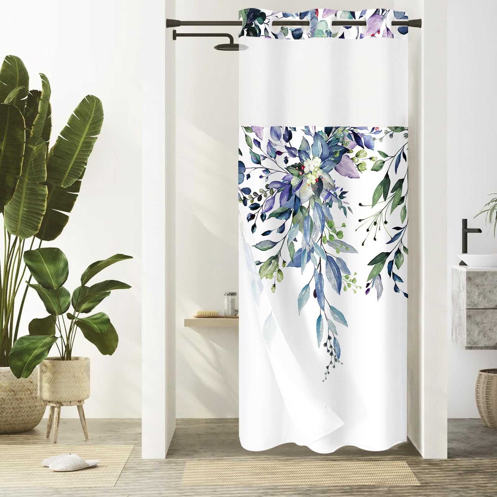 Gibelle Small Stall No Hook Shower Curtain With Snap-In Fabric Liner Set - 36'' X 74''(72''), Hotel Style Green Eucalyptus Leave