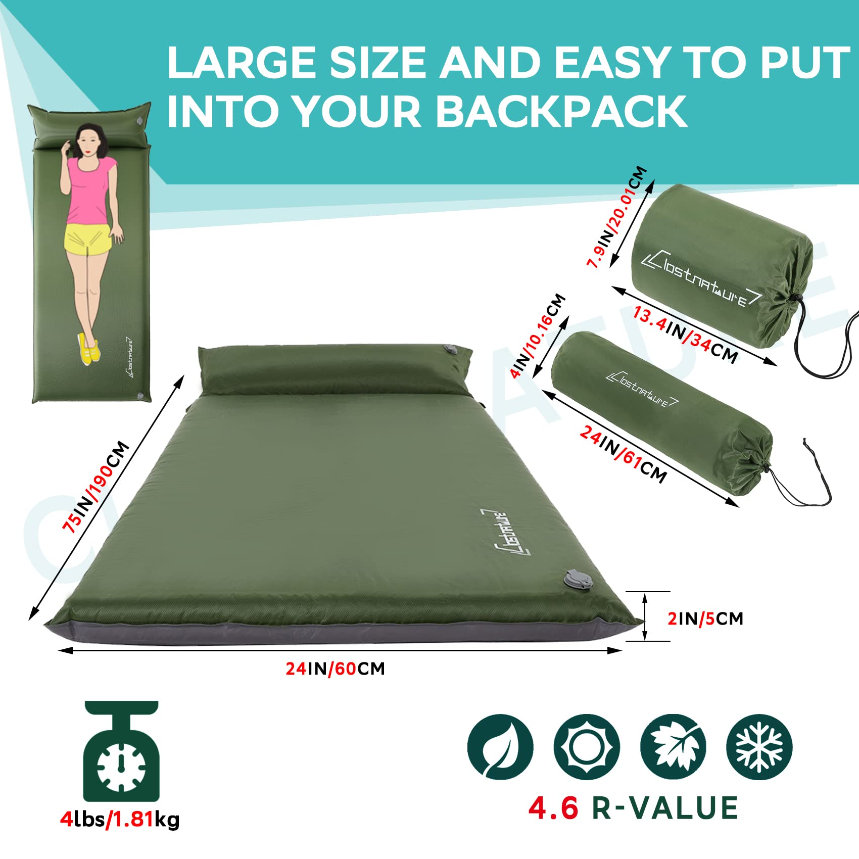 Clostnature Self Inflating Sleeping Pad For Camping - 1523 Inch Camping Pad, Lightweight Inflatable Camping Mattress Pad, Insula