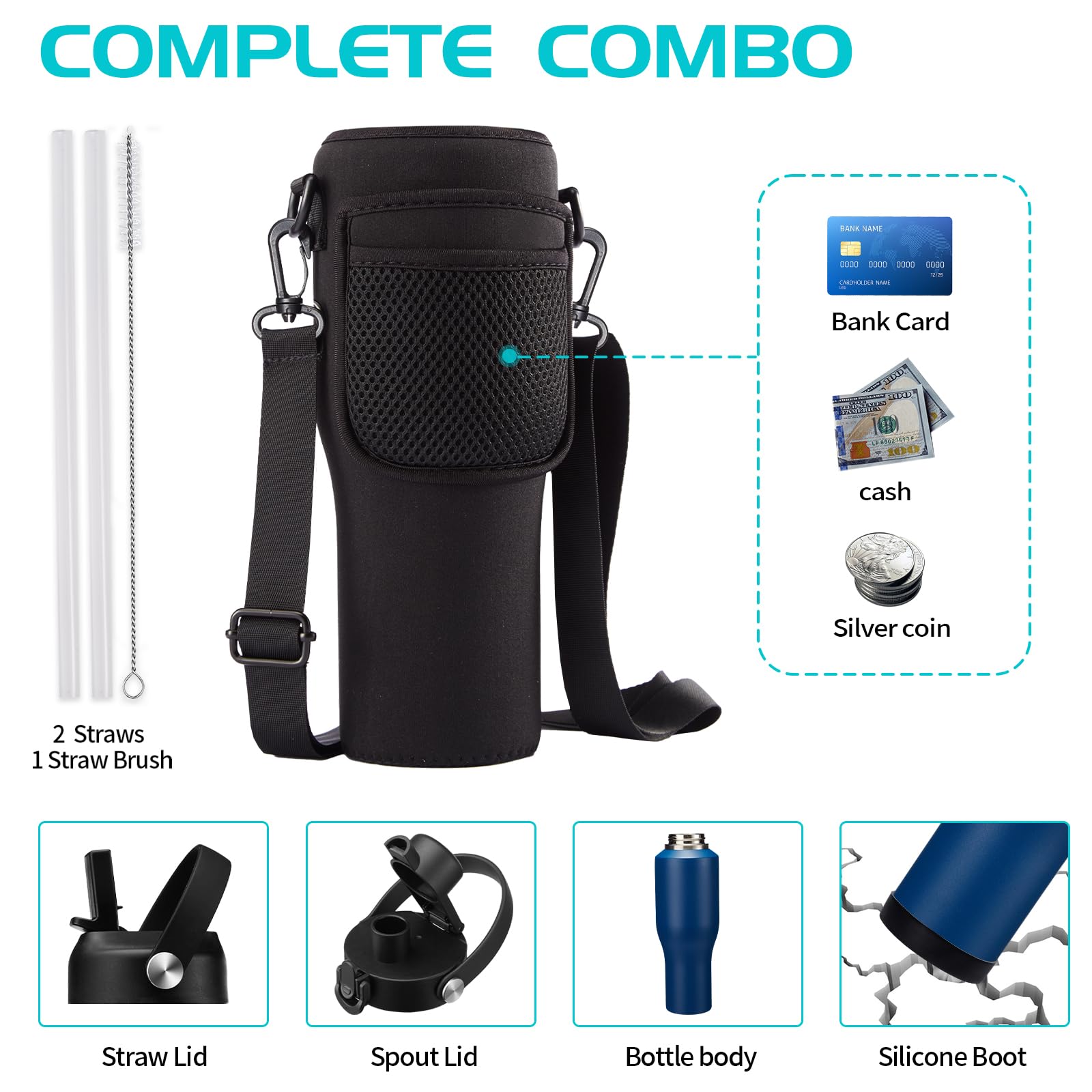 40Oz Insulated Water Bottle That Fits In Cup Holder - Water Cup With Spout Lid, Straw, Sleeve With Side Handle, Vacuum Stainless