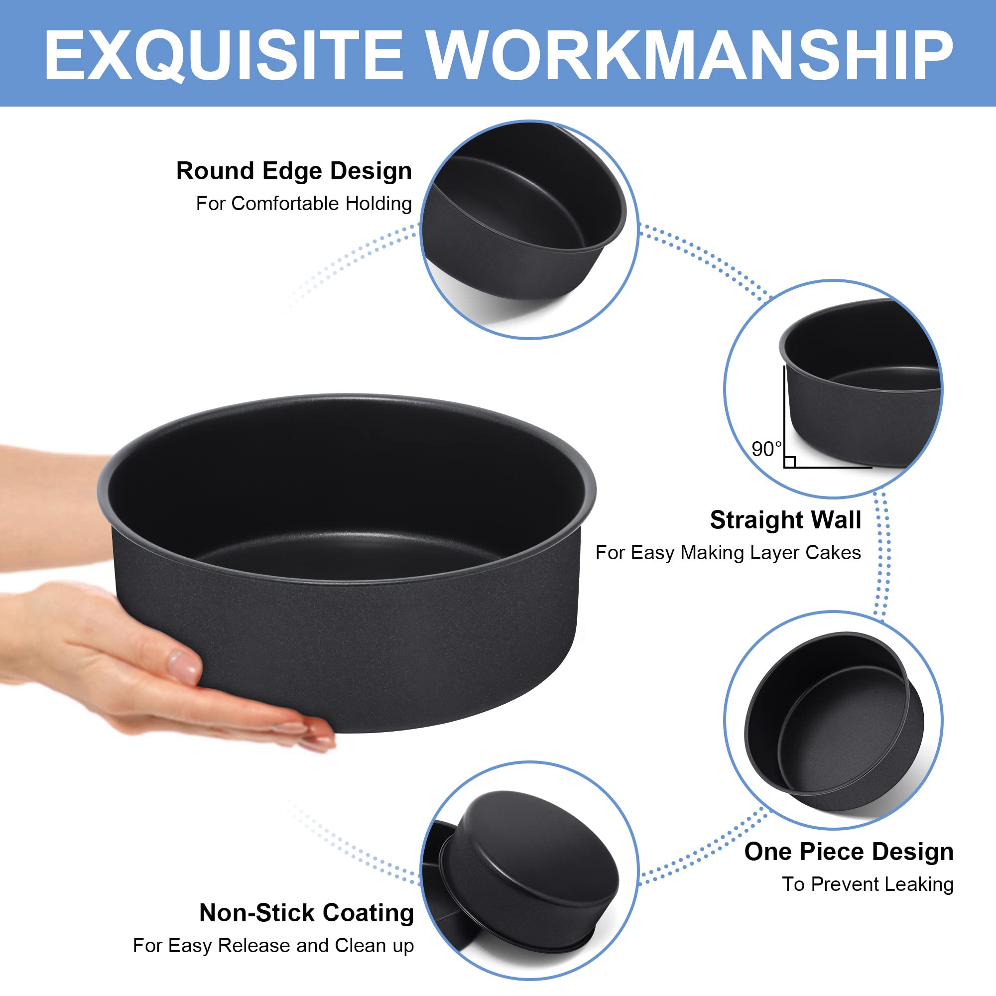 Teamfar 8 X 3 Inch Cake Pan Set, 2 Pcs Stainless Steel Black Non-Stick Coating Baking Round Cake Pan For Birthday Wedding Layer