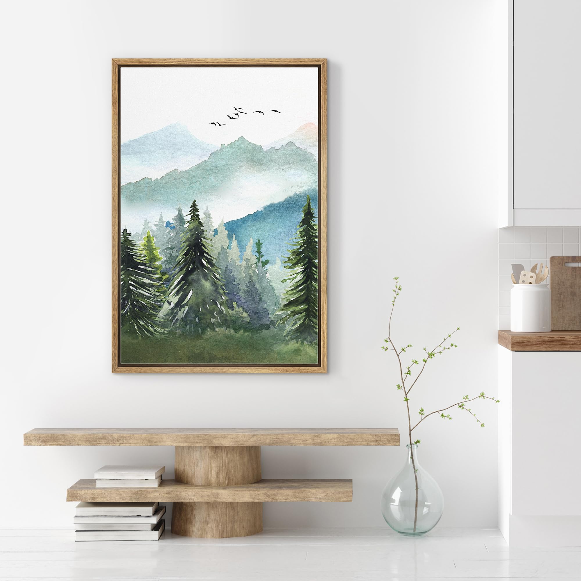 SIGNWIN Framed Canvas Print Wall Art Watercolor Green Forest Tree Mountain Range Nature Landscape Prints Modern Art Woodland Nursery Decor for Living Room  Bedroom  Office - 24''x36'' NATURAL
