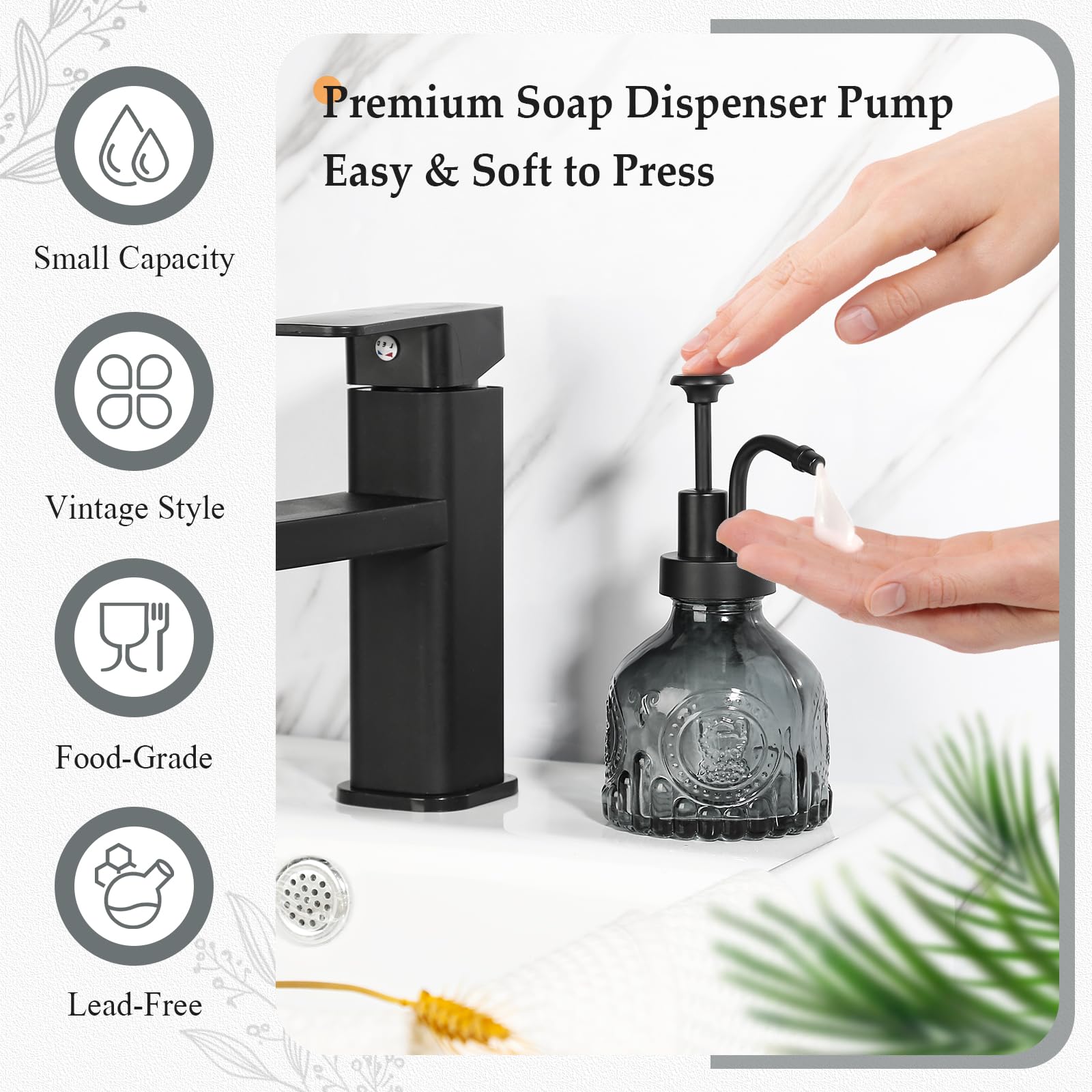 Racobot Black Soap Dispenser, Small Hand Soap Dispenser Bathroom, Glass Liquid Soap Dispenser With Pump, 7 Oz Refillable Dish So