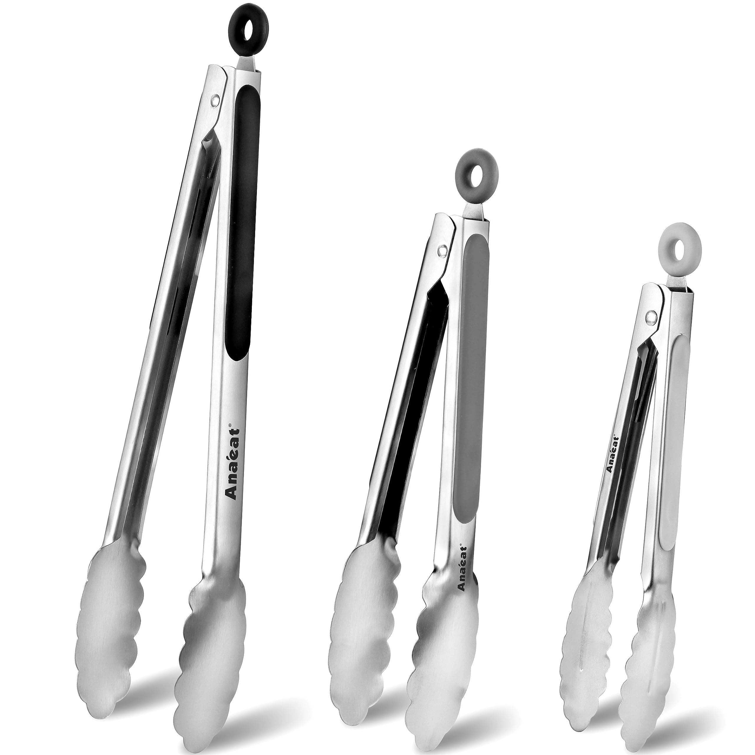Anaeat Stainless Steel Locking Tong Set Of 3 - Premium 7, 9 And 12 Inch Kitchen Food Tongs With Non-Slip Silicone Tips And Grip