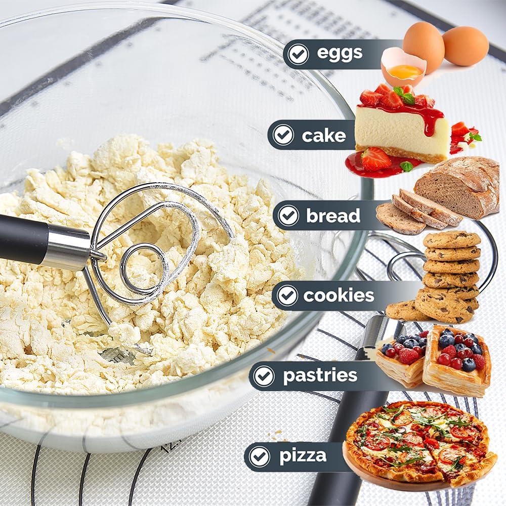Guowall Stainless Steel Dough Whisk For Dutch Bread With Rubber Anti-Slip Handle Dough Blender Mixer Baking Tools For Cake Bread