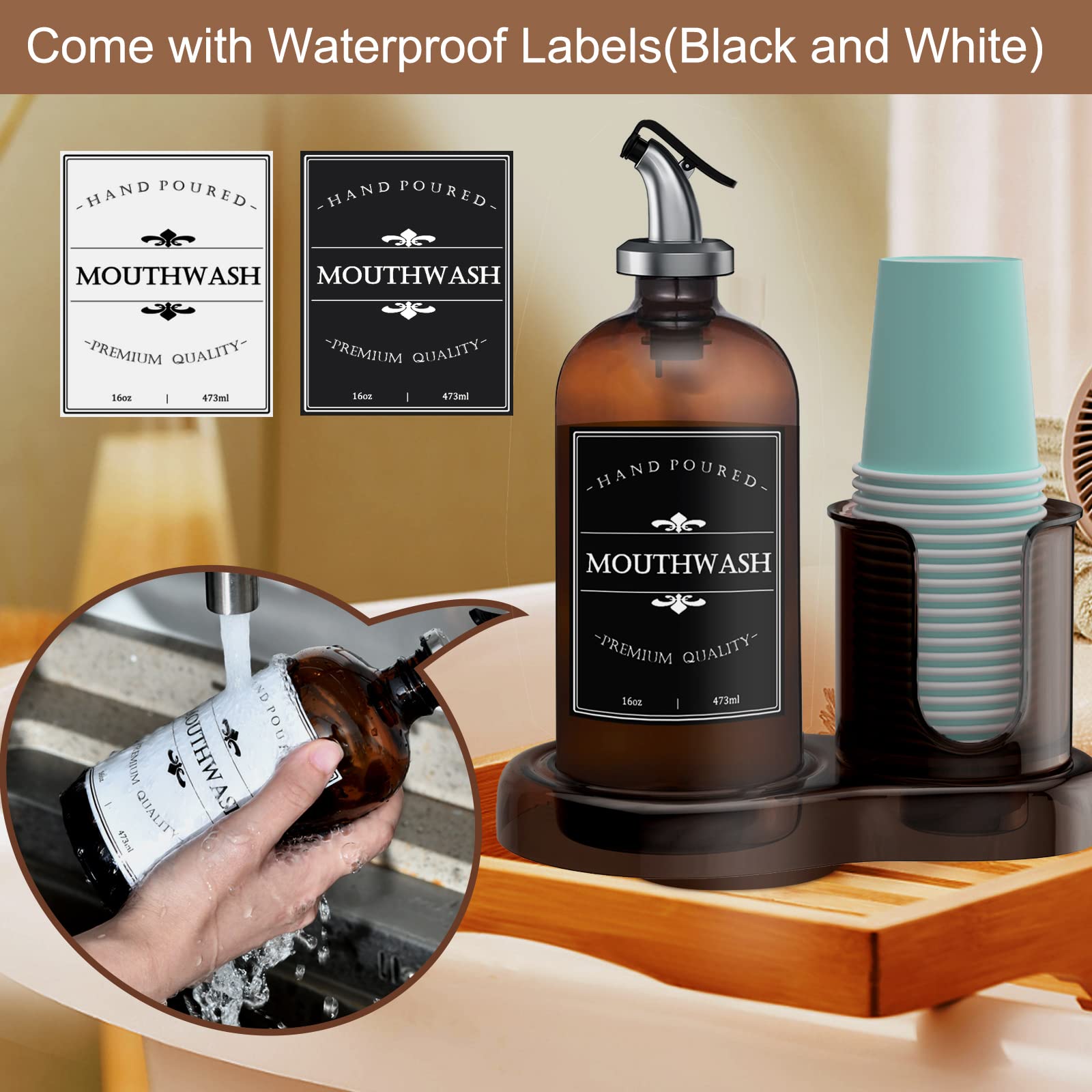 Amber Glass Mouthwash Dispenser With Cup Holder For Bathroom, 16Oz Refillable Mouthwash Bottles Container With Tray, Funnel And