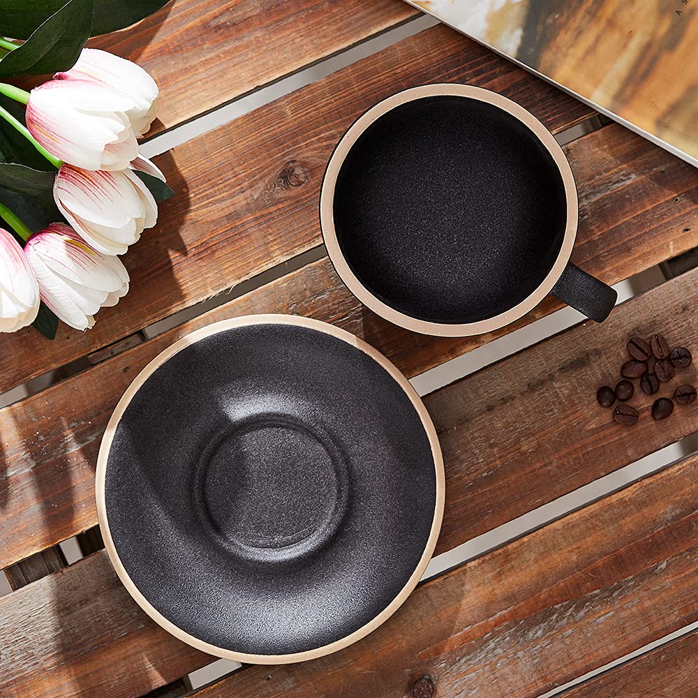 Coffeezone Vintage Design 12 Oz Ceramic Latte Art Cappuccino Barista Cup With Saucer (Rough Black)
