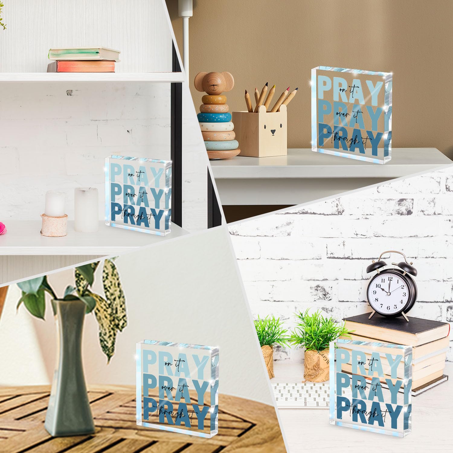 Religious Gifts for Women - Pray on it Pray over it Pray through it Acrylic Sign Decorative for Home Office Pastor Farmhouse Liv