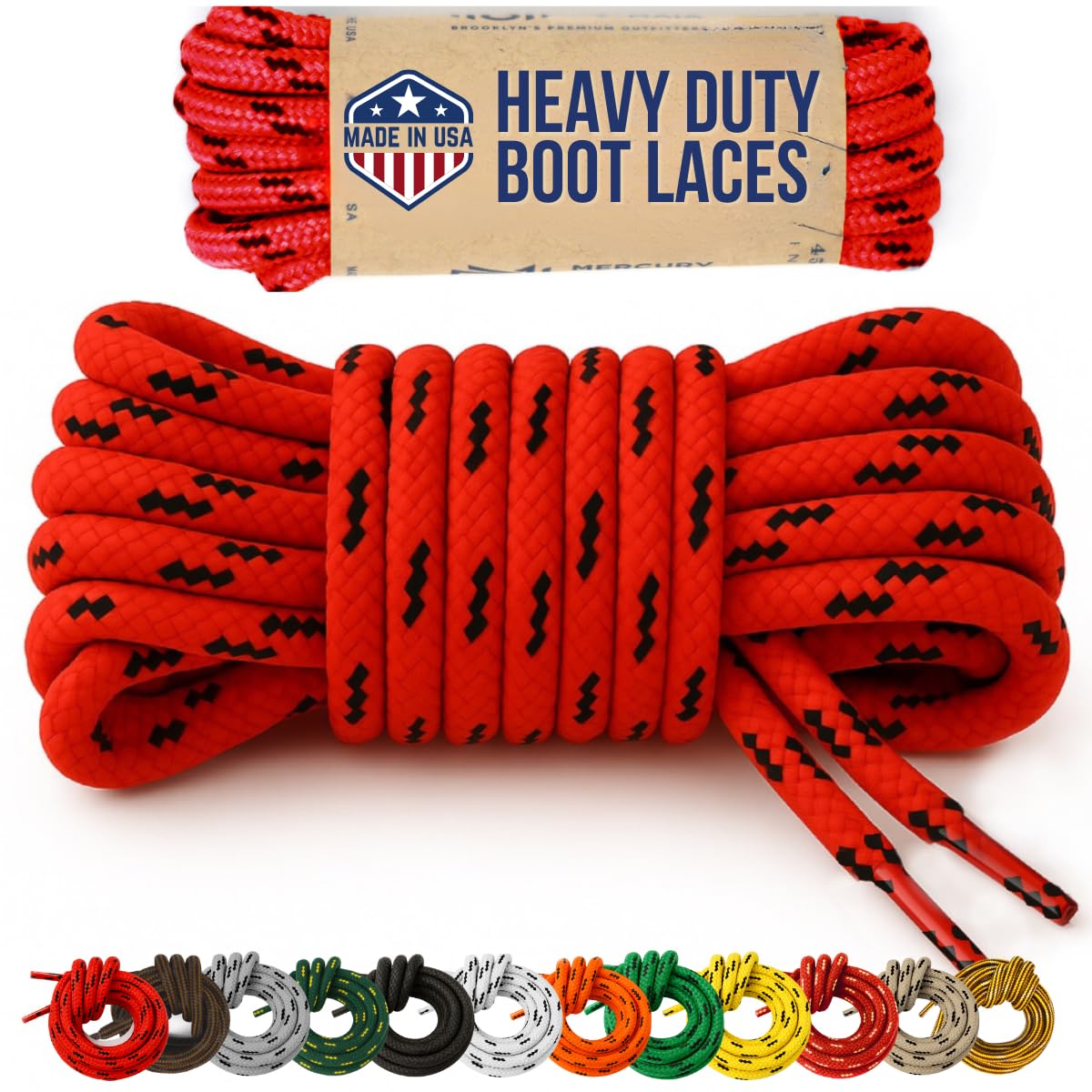 Honey Badger Work Boot Laces Heavy Duty Wkevlar - Usa Made Round Shoelaces For Boots - Red Blk, 45 In (2P)