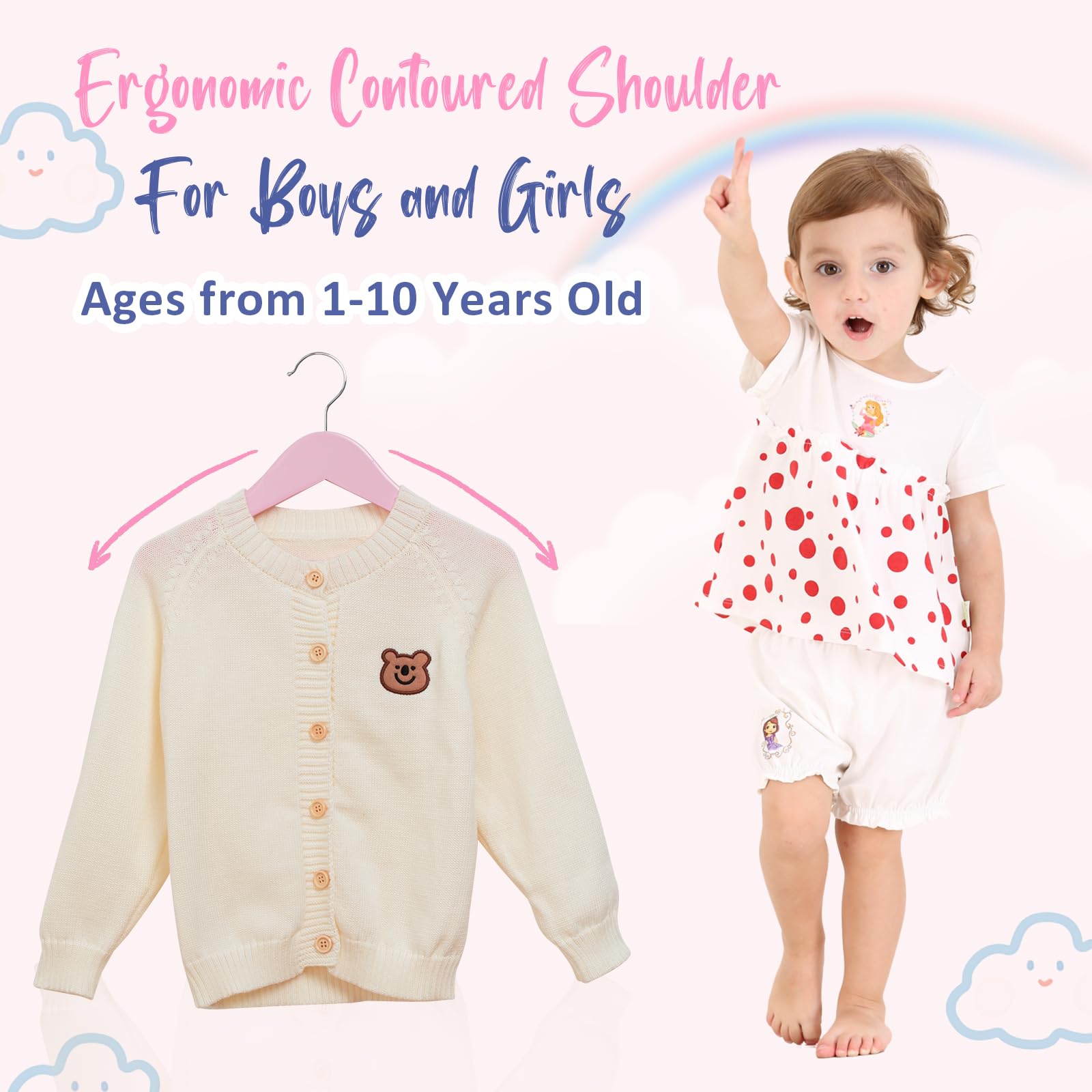 Fairyhaus Kids Wooden Hangers 20Pack Pink, 12.8 Inch Baby Wooden Hangers For Closet, Anti-Rust 360 Swivel Hook, Notches & Smooth